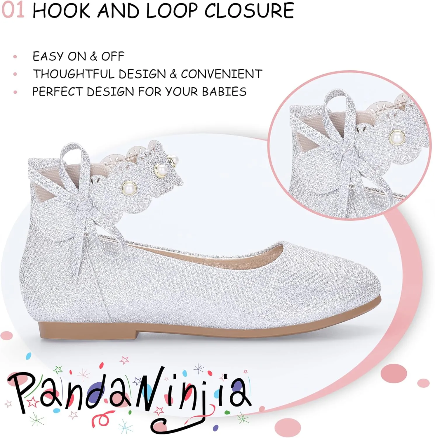 PANDANINJIA Girls Dress Shoes Flower Girl Ballet Flats Pearls Mary Jane Wedding Ankle Strap Toddler Little Kids