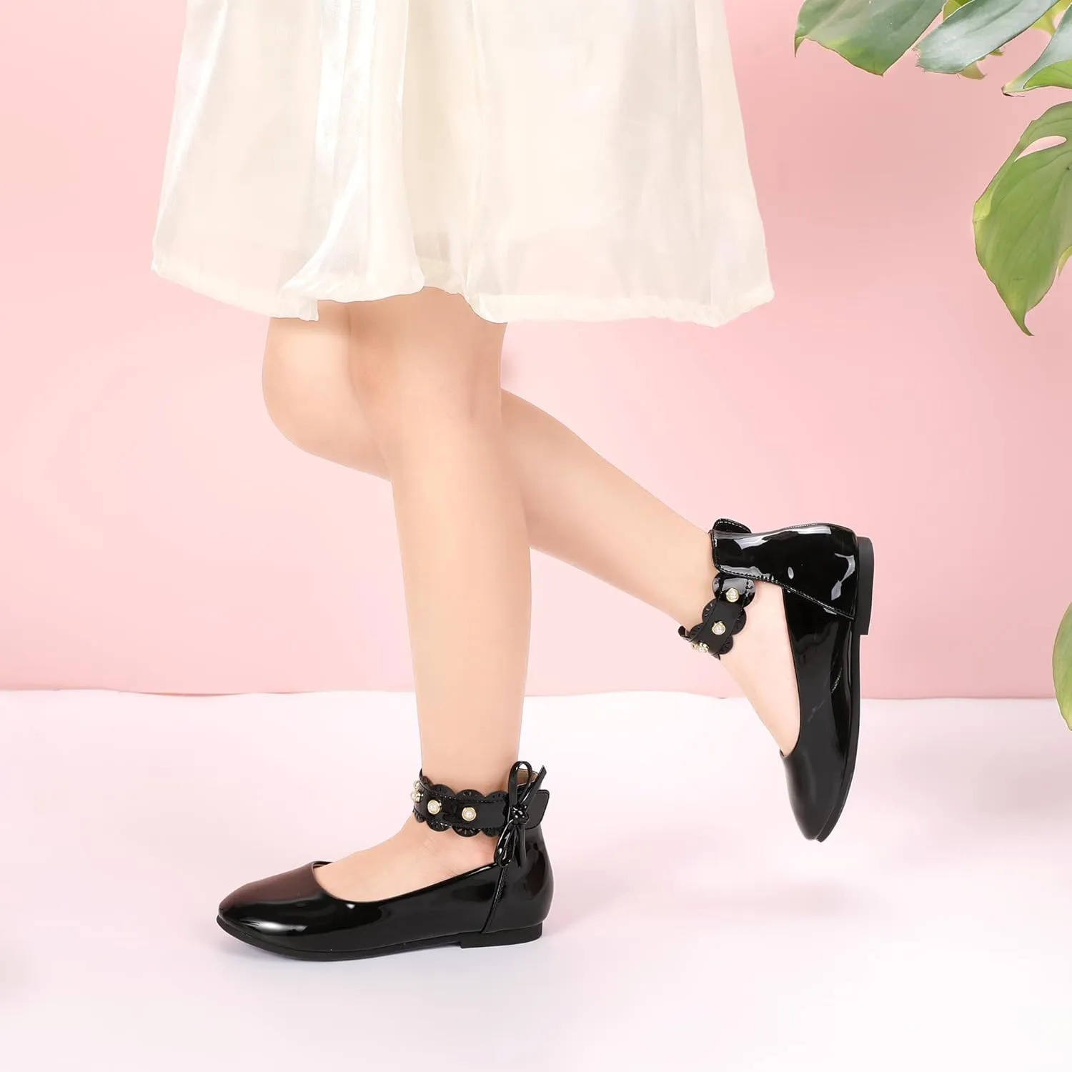 PANDANINJIA Girls Dress Shoes Flower Girl Ballet Flats Pearls Mary Jane Wedding Ankle Strap Toddler Little Kids