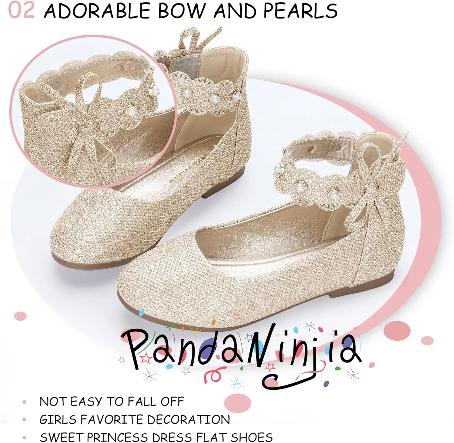 PANDANINJIA Girls Dress Shoes Flower Girl Ballet Flats Pearls Mary Jane Wedding Ankle Strap Toddler Little Kids