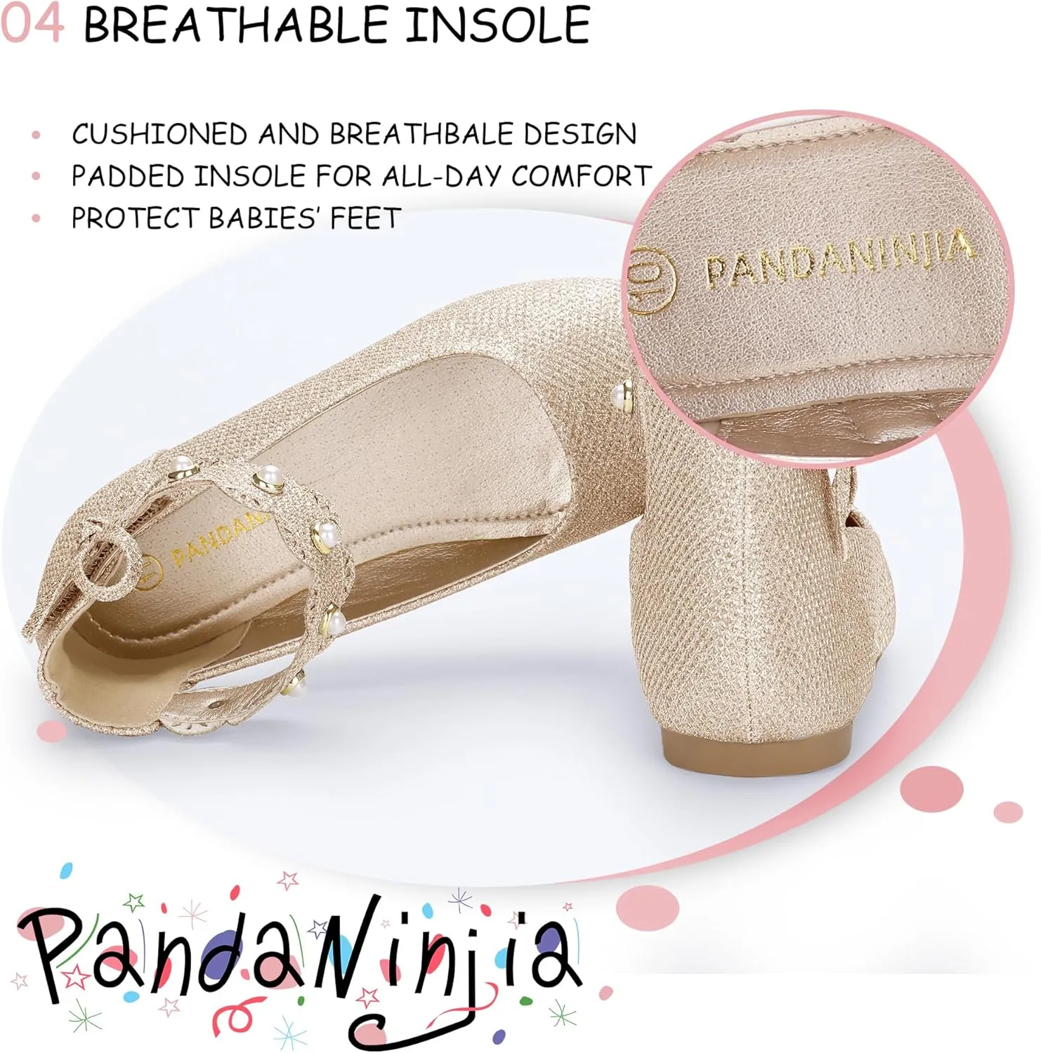 PANDANINJIA Girls Dress Shoes Flower Girl Ballet Flats Pearls Mary Jane Wedding Ankle Strap Toddler Little Kids