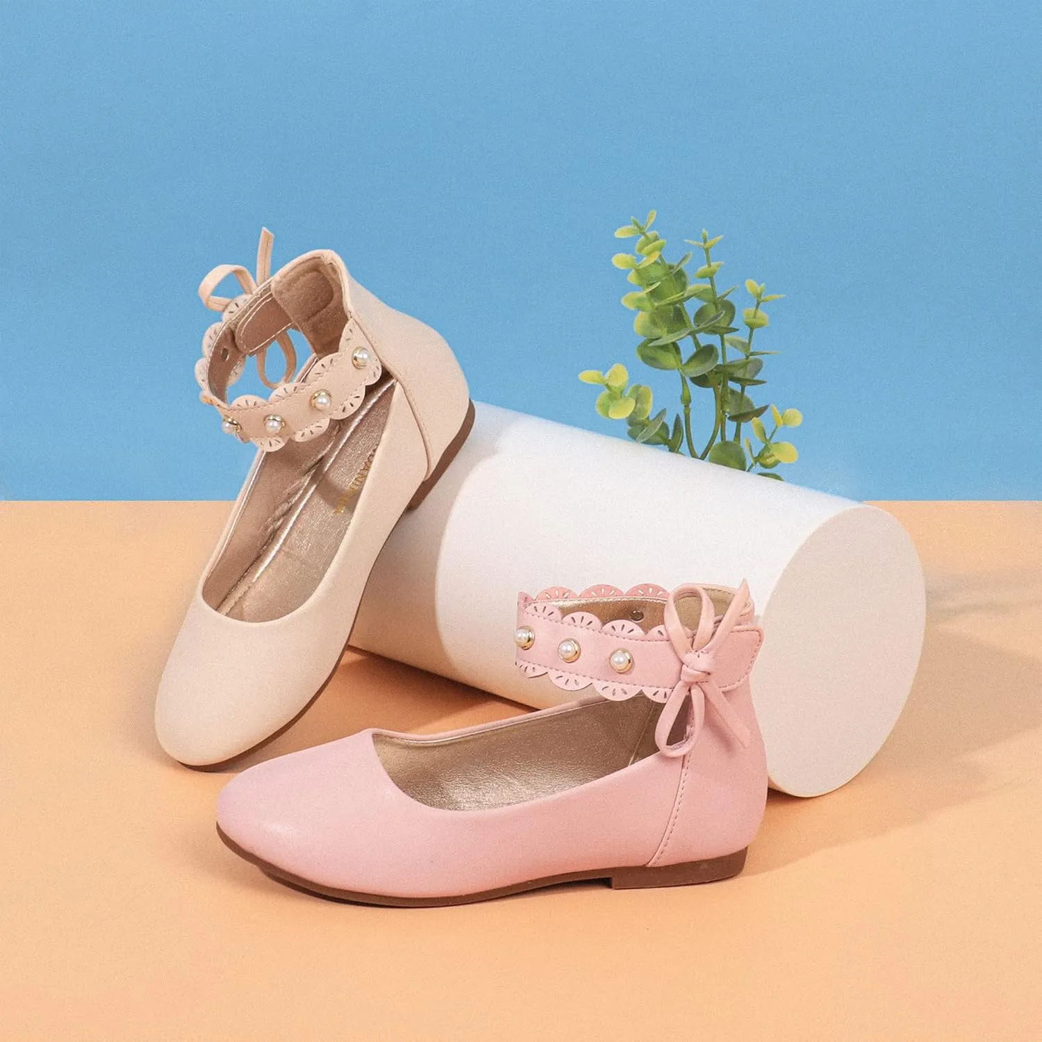 PANDANINJIA Girls Dress Shoes Flower Girl Ballet Flats Pearls Mary Jane Wedding Ankle Strap Toddler Little Kids