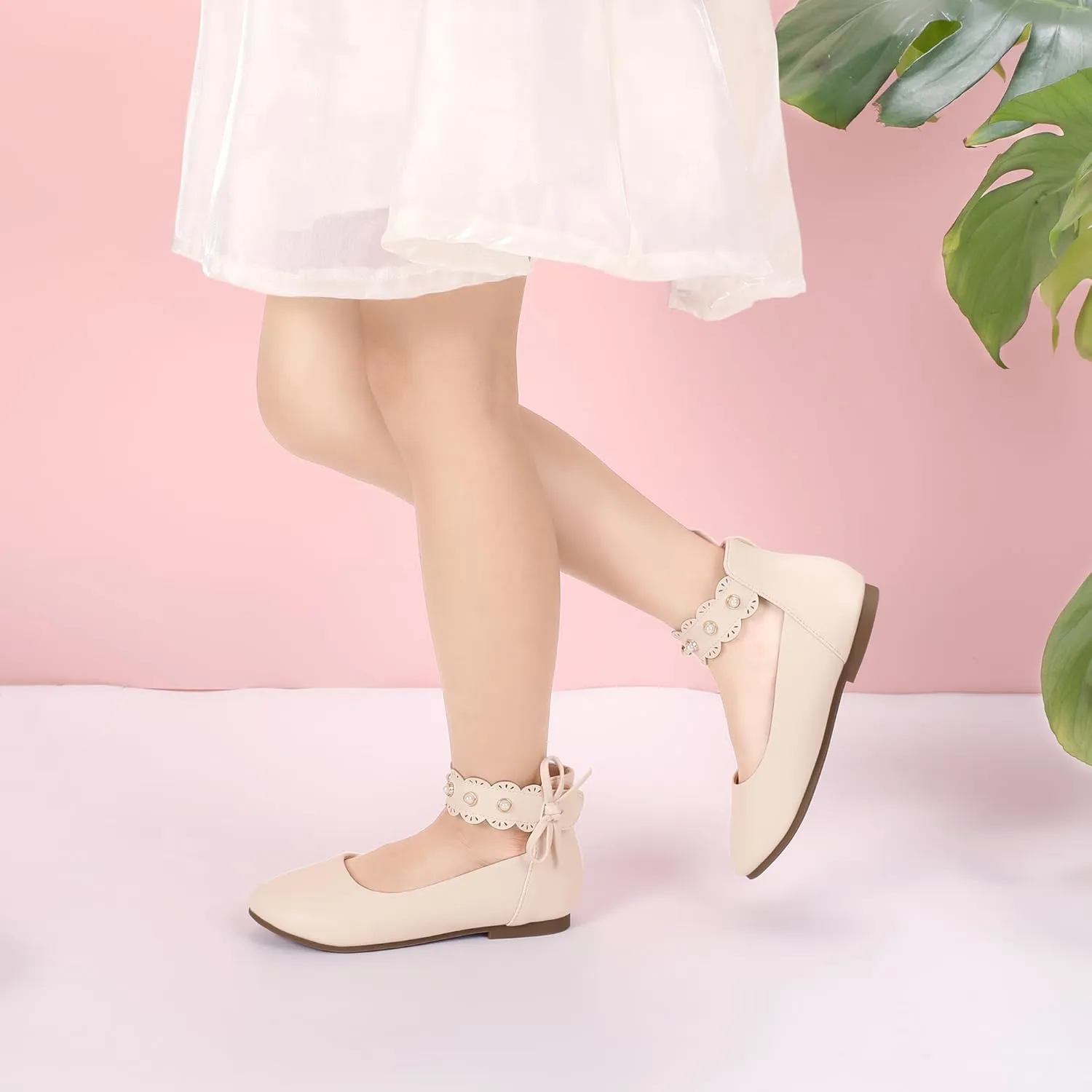 PANDANINJIA Girls Dress Shoes Flower Girl Ballet Flats Pearls Mary Jane Wedding Ankle Strap Toddler Little Kids