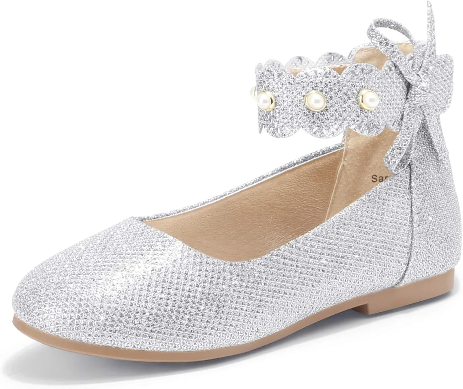 PANDANINJIA Girls Dress Shoes Flower Girl Ballet Flats Pearls Mary Jane Wedding Ankle Strap Toddler Little Kids