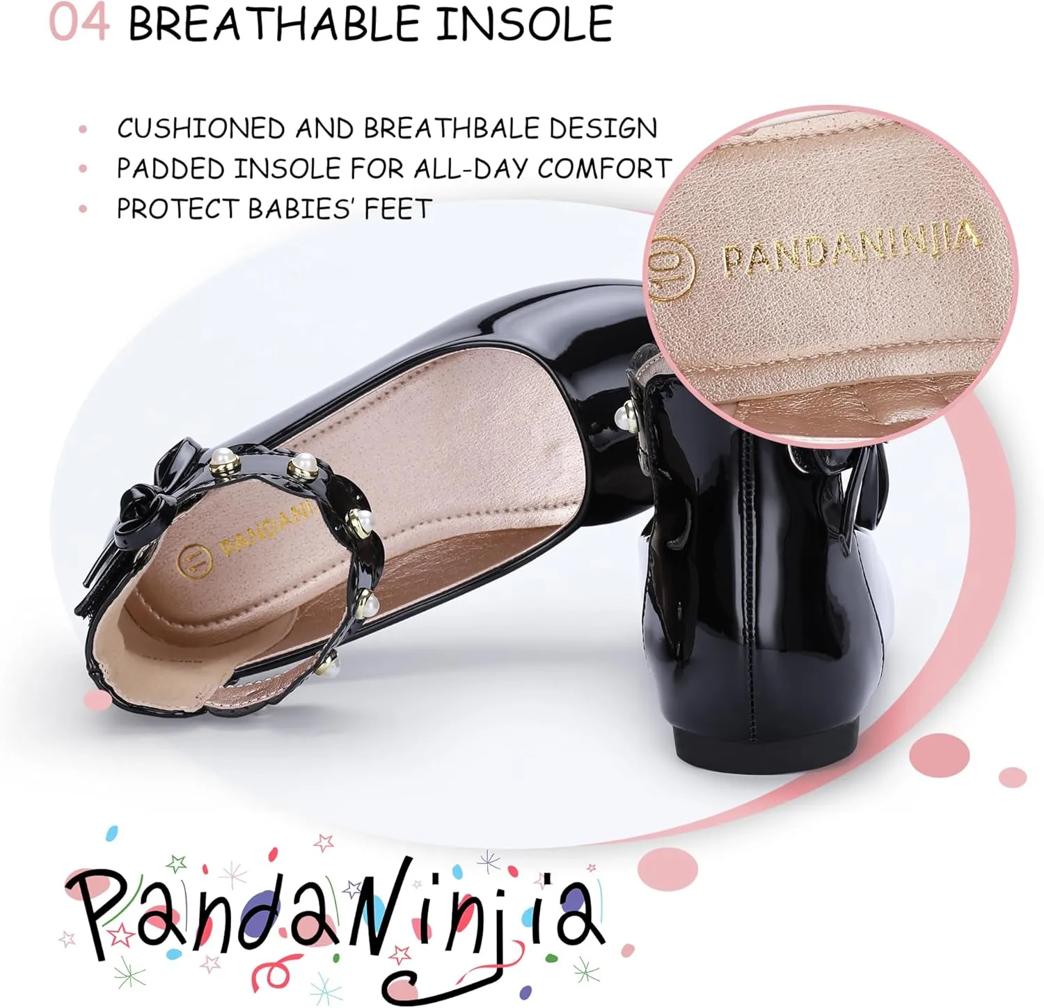 PANDANINJIA Girls Dress Shoes Flower Girl Ballet Flats Pearls Mary Jane Wedding Ankle Strap Toddler Little Kids