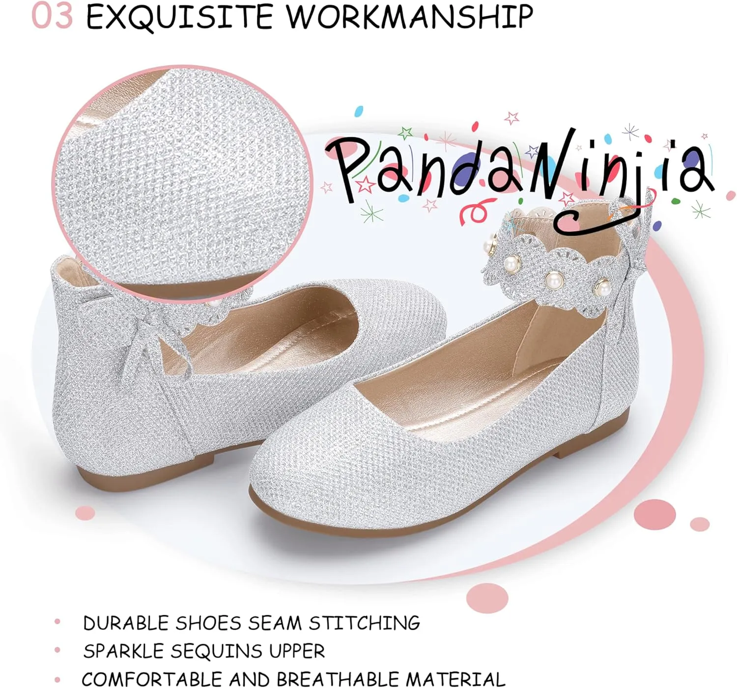 PANDANINJIA Girls Dress Shoes Flower Girl Ballet Flats Pearls Mary Jane Wedding Ankle Strap Toddler Little Kids