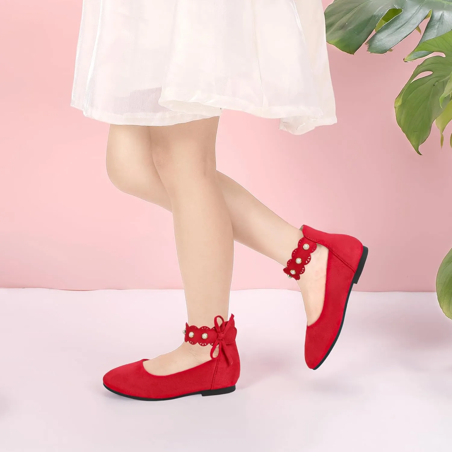 PANDANINJIA Girls Dress Shoes Flower Girl Ballet Flats Pearls Mary Jane Wedding Ankle Strap Toddler Little Kids