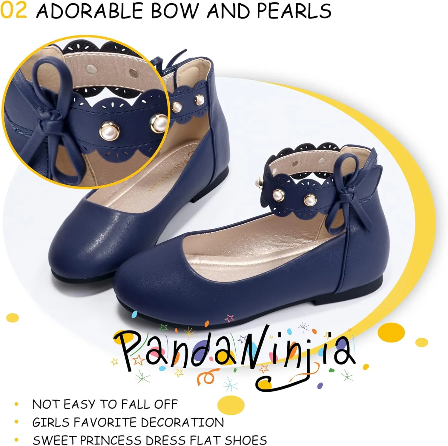 PANDANINJIA Girls Dress Shoes Flower Girl Ballet Flats Pearls Mary Jane Wedding Ankle Strap Toddler Little Kids