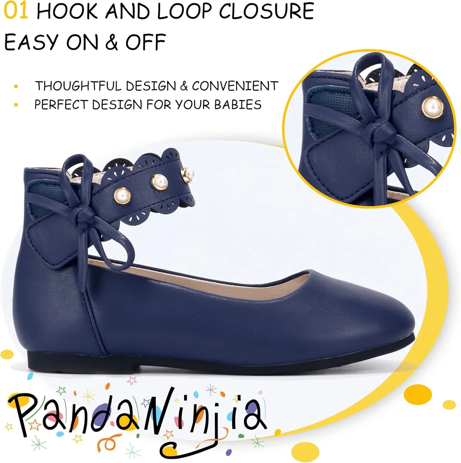 PANDANINJIA Girls Dress Shoes Flower Girl Ballet Flats Pearls Mary Jane Wedding Ankle Strap Toddler Little Kids