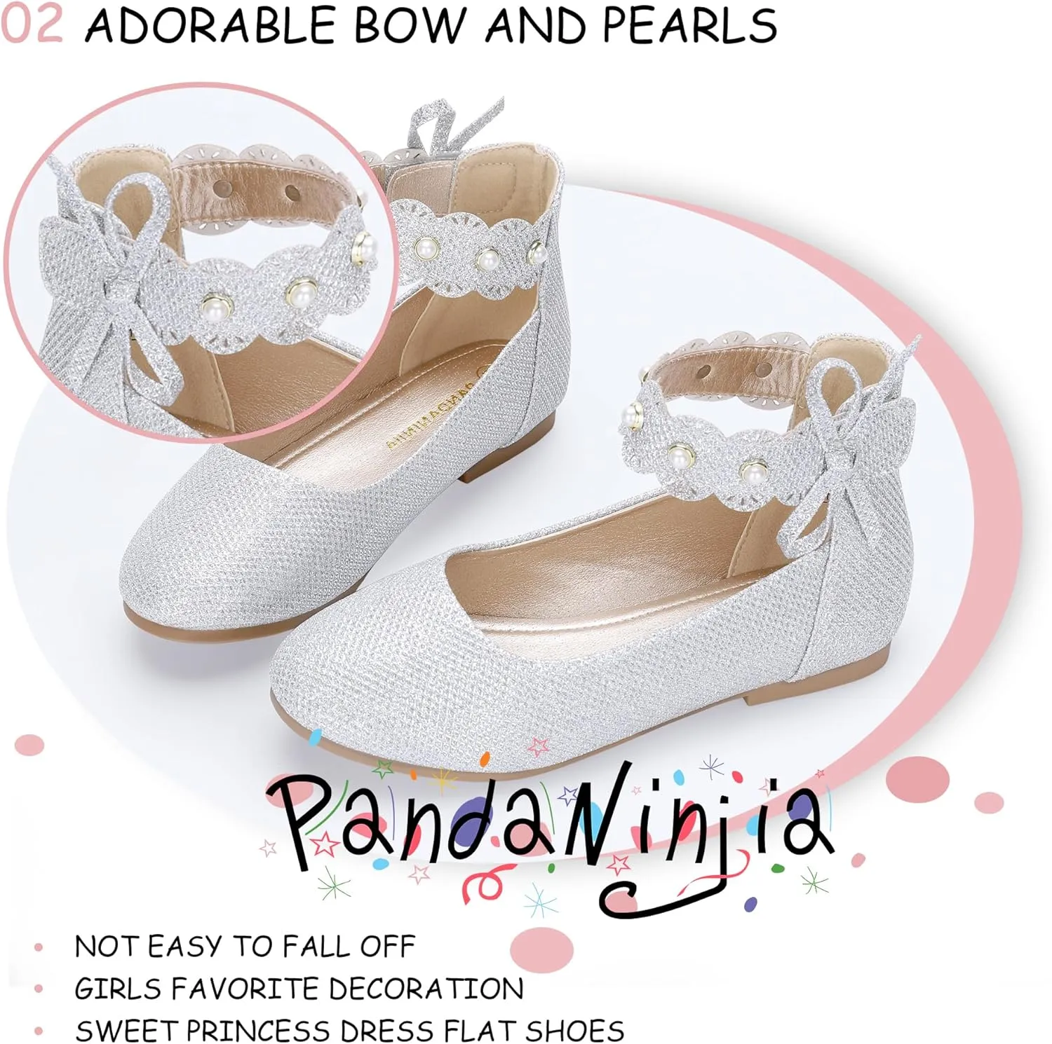 PANDANINJIA Girls Dress Shoes Flower Girl Ballet Flats Pearls Mary Jane Wedding Ankle Strap Toddler Little Kids
