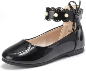 PANDANINJIA Girls Dress Shoes Flower Girl Ballet Flats Pearls Mary Jane Wedding Ankle Strap Toddler Little Kids