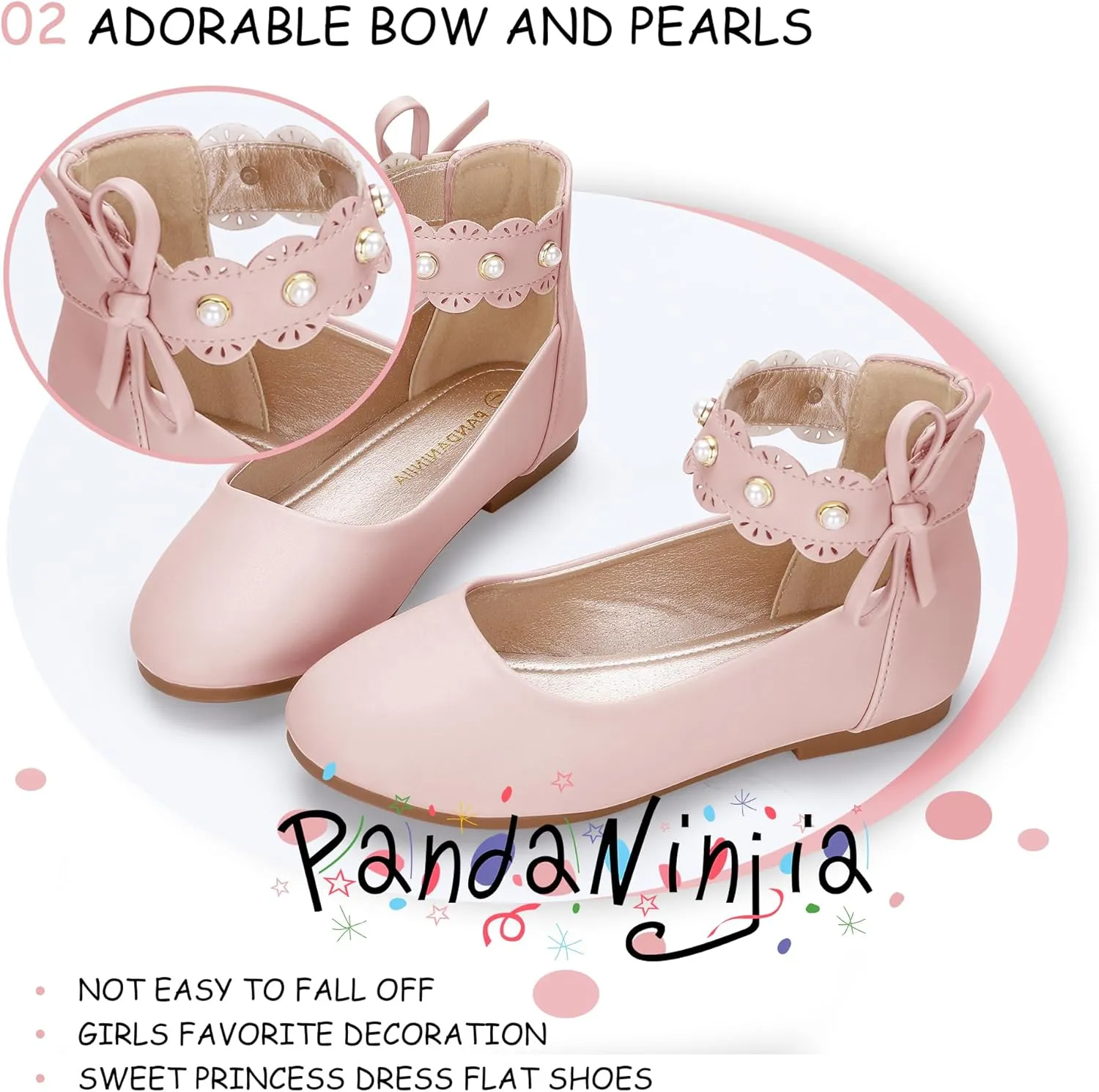 PANDANINJIA Girls Dress Shoes Flower Girl Ballet Flats Pearls Mary Jane Wedding Ankle Strap Toddler Little Kids