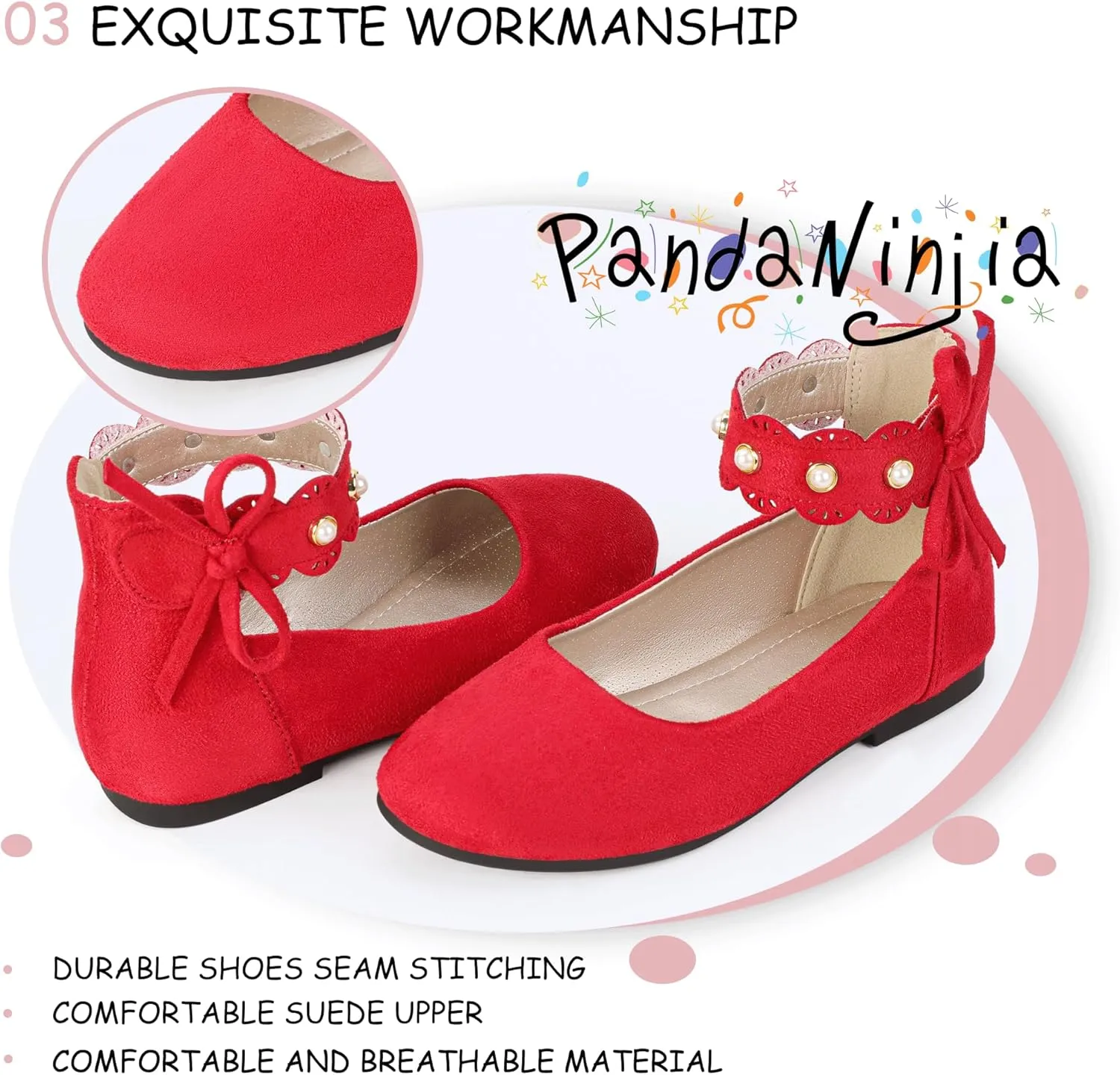 PANDANINJIA Girls Dress Shoes Flower Girl Ballet Flats Pearls Mary Jane Wedding Ankle Strap Toddler Little Kids