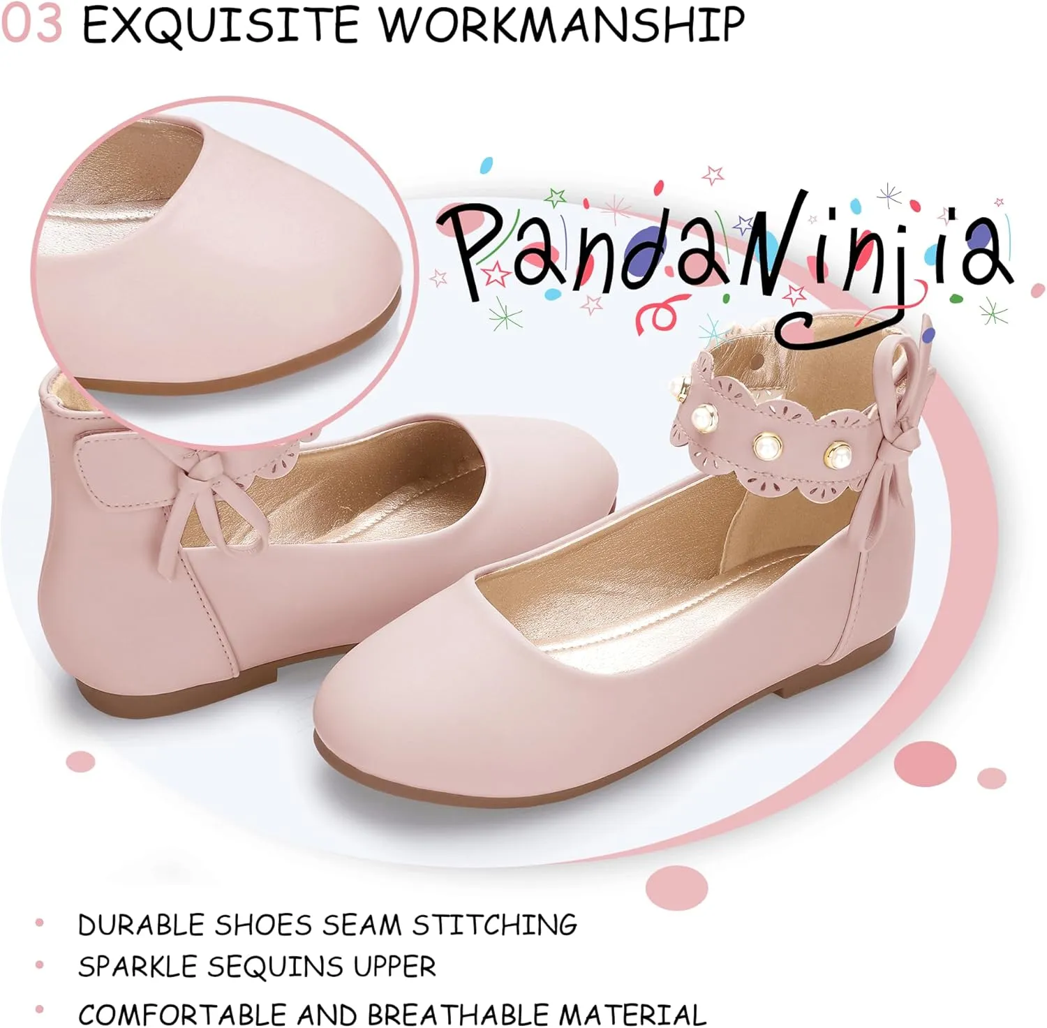 PANDANINJIA Girls Dress Shoes Flower Girl Ballet Flats Pearls Mary Jane Wedding Ankle Strap Toddler Little Kids