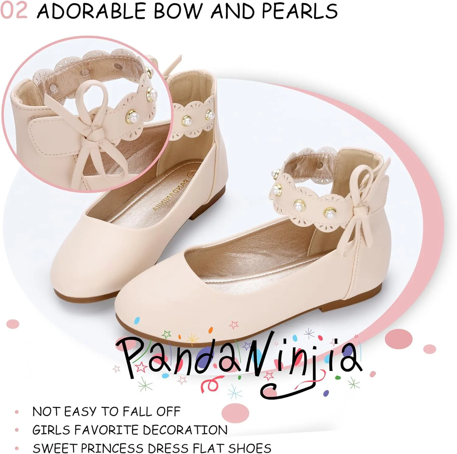 PANDANINJIA Girls Dress Shoes Flower Girl Ballet Flats Pearls Mary Jane Wedding Ankle Strap Toddler Little Kids