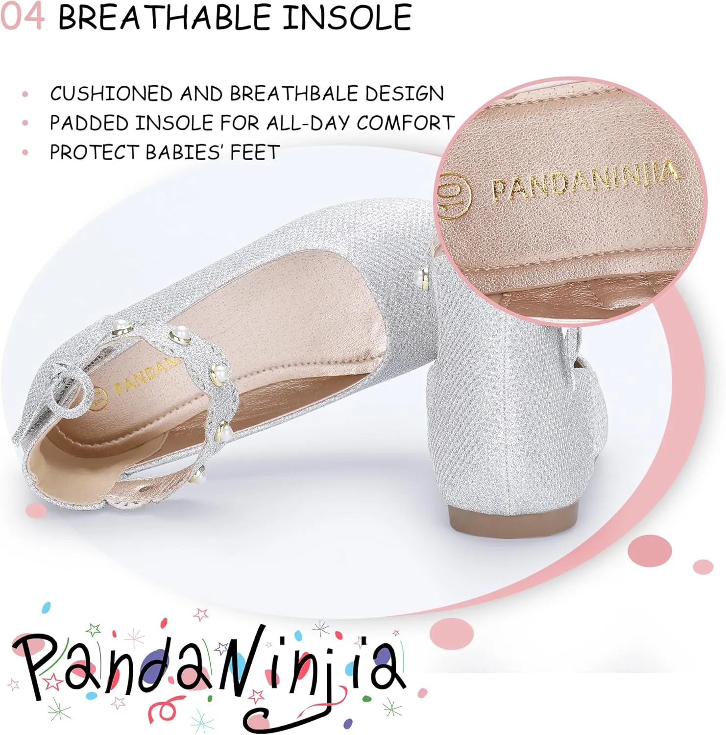 PANDANINJIA Girls Dress Shoes Flower Girl Ballet Flats Pearls Mary Jane Wedding Ankle Strap Toddler Little Kids