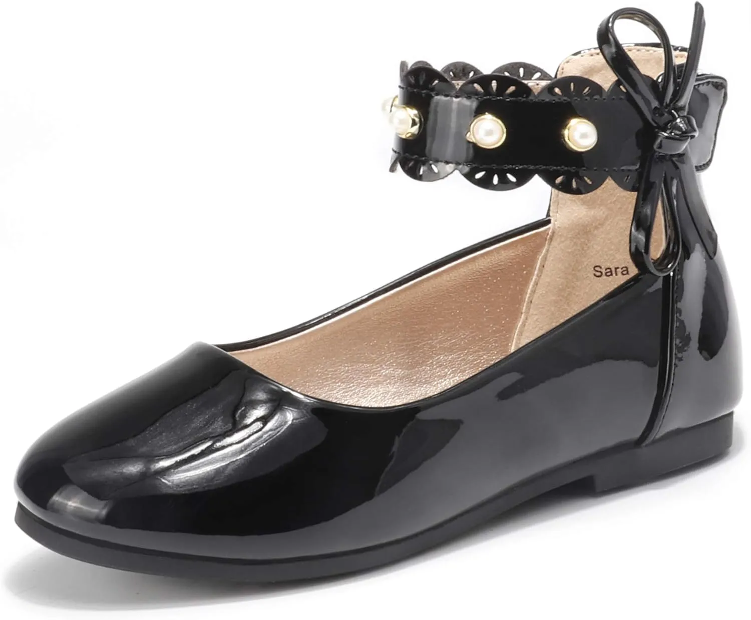 PANDANINJIA Girls Dress Shoes Flower Girl Ballet Flats Pearls Mary Jane Wedding Ankle Strap Toddler Little Kids