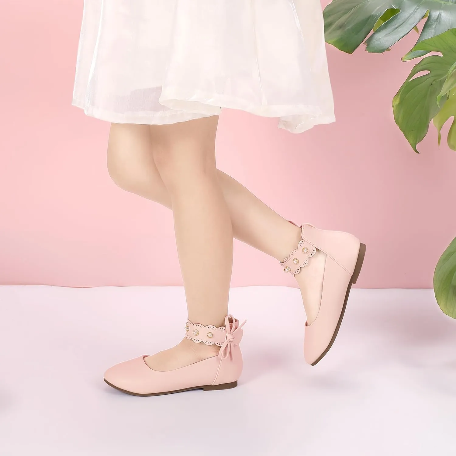 PANDANINJIA Girls Dress Shoes Flower Girl Ballet Flats Pearls Mary Jane Wedding Ankle Strap Toddler Little Kids