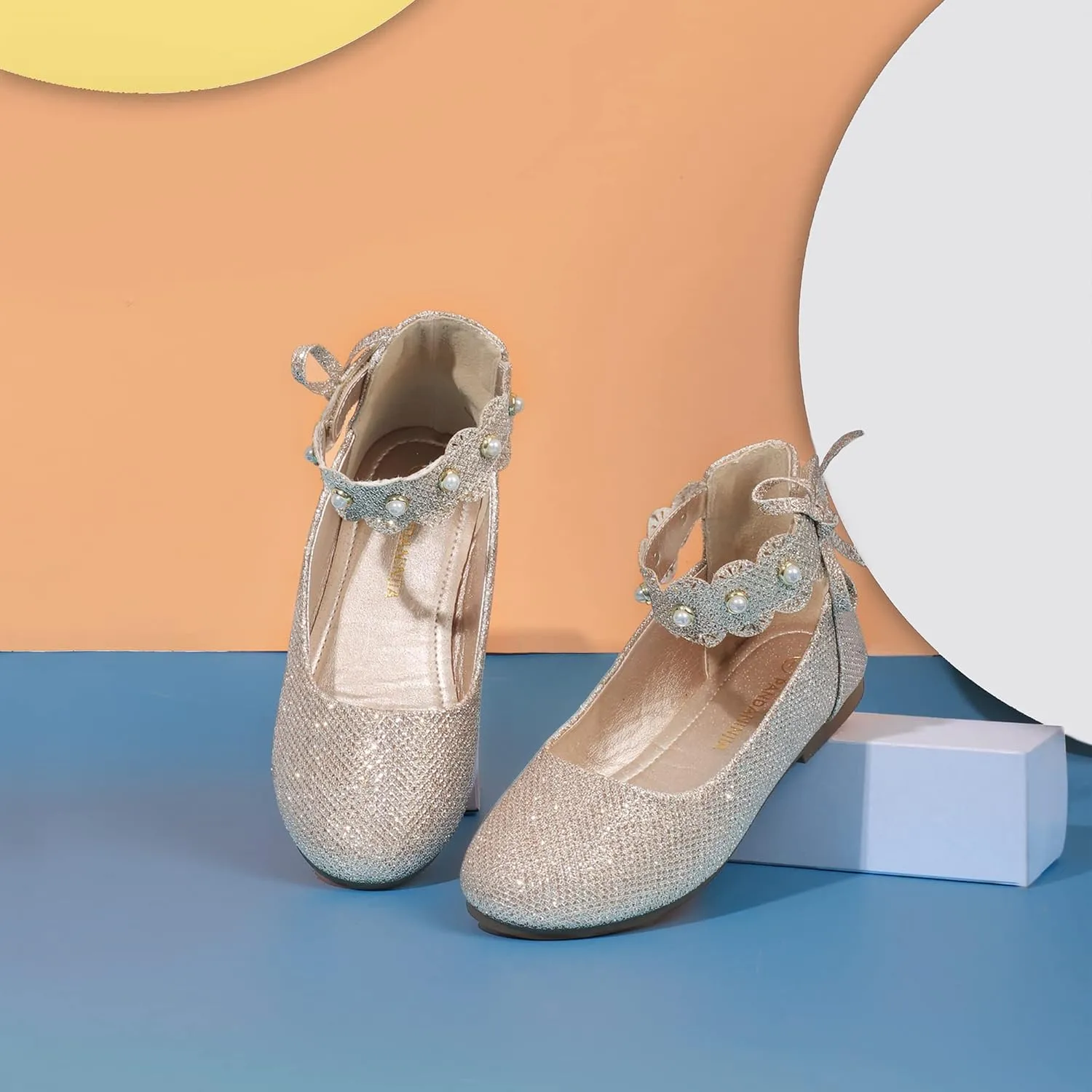 PANDANINJIA Girls Dress Shoes Flower Girl Ballet Flats Pearls Mary Jane Wedding Ankle Strap Toddler Little Kids