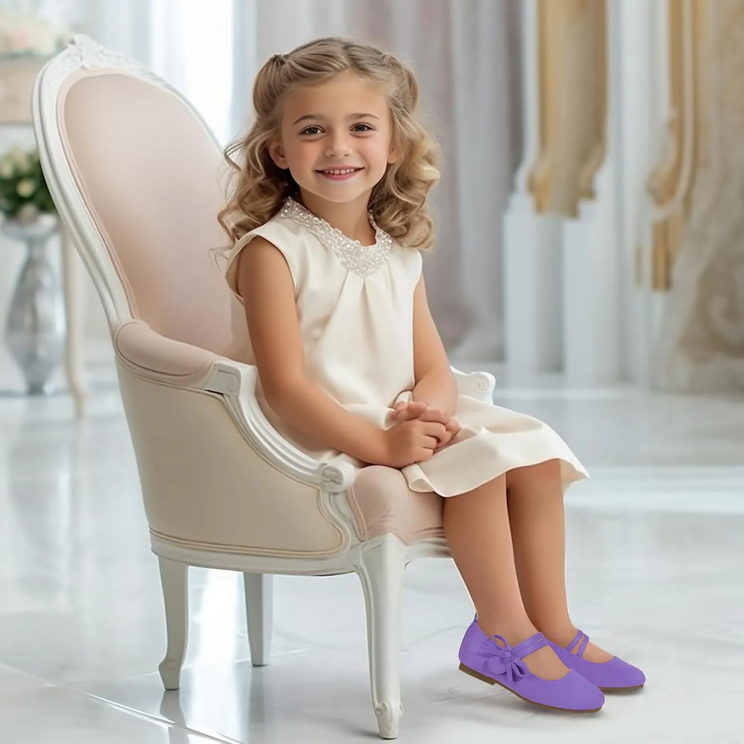 PANDANINJIA Naomi Girls Dress Shoes Mary Jane Ballet Flats Flower Girl Wedding Party Communion Shoes for Toddler Little Kid Big Kid