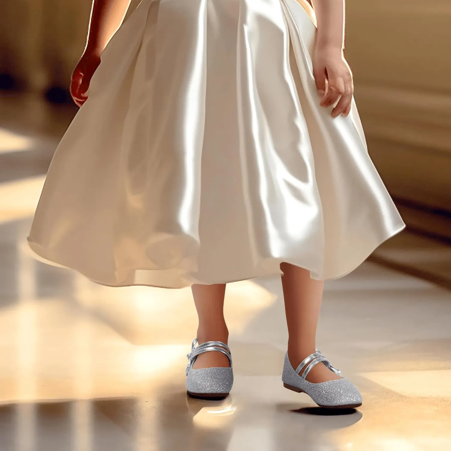 PANDANINJIA Naomi Girls Dress Shoes Mary Jane Ballet Flats Flower Girl Wedding Party Communion Shoes for Toddler Little Kid Big Kid