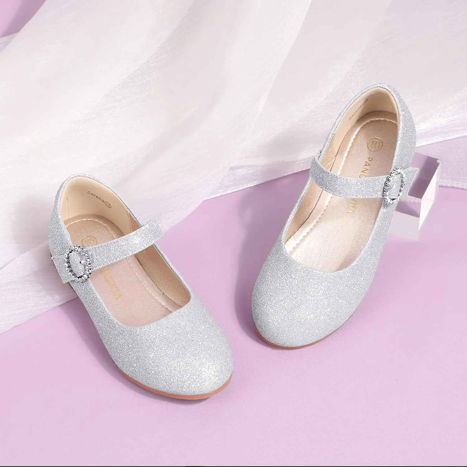 PANDANINJIA Sarena Girls Dress Shoes Rhinestone Flower Girl Ballerina Ballet Flats Mary Jane Wedding Party School Shoes for Toddler Little Kid Big Kid