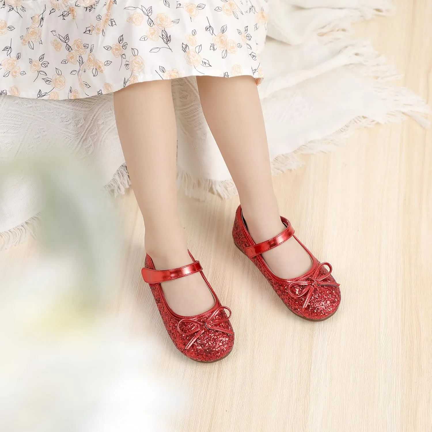 PANDANINJIA Toddler Dress Shoes Bowknot Mary Jane Shoes Girls Ballet Flats for Kids Wedding Party Uniform Church Shoes