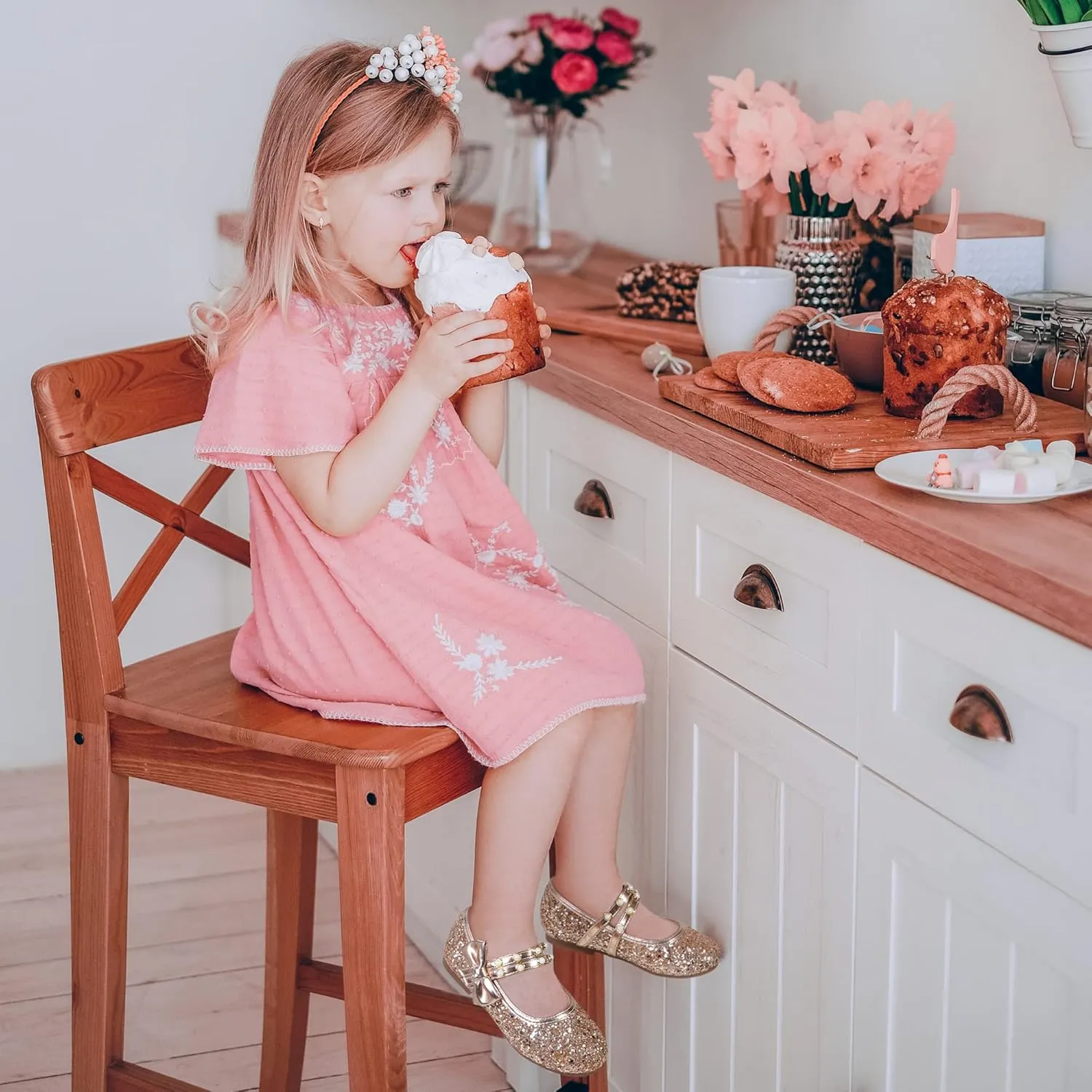 PANDANINJIA Toddler Girls Dress Shoes Pearls Bow Ballet Flats Flower Girl Shoes for Wedding Party School Communion Shoes
