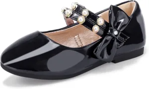 PANDANINJIA Toddler Girls Dress Shoes Pearls Bow Ballet Flats Flower Girl Shoes for Wedding Party School Communion Shoes