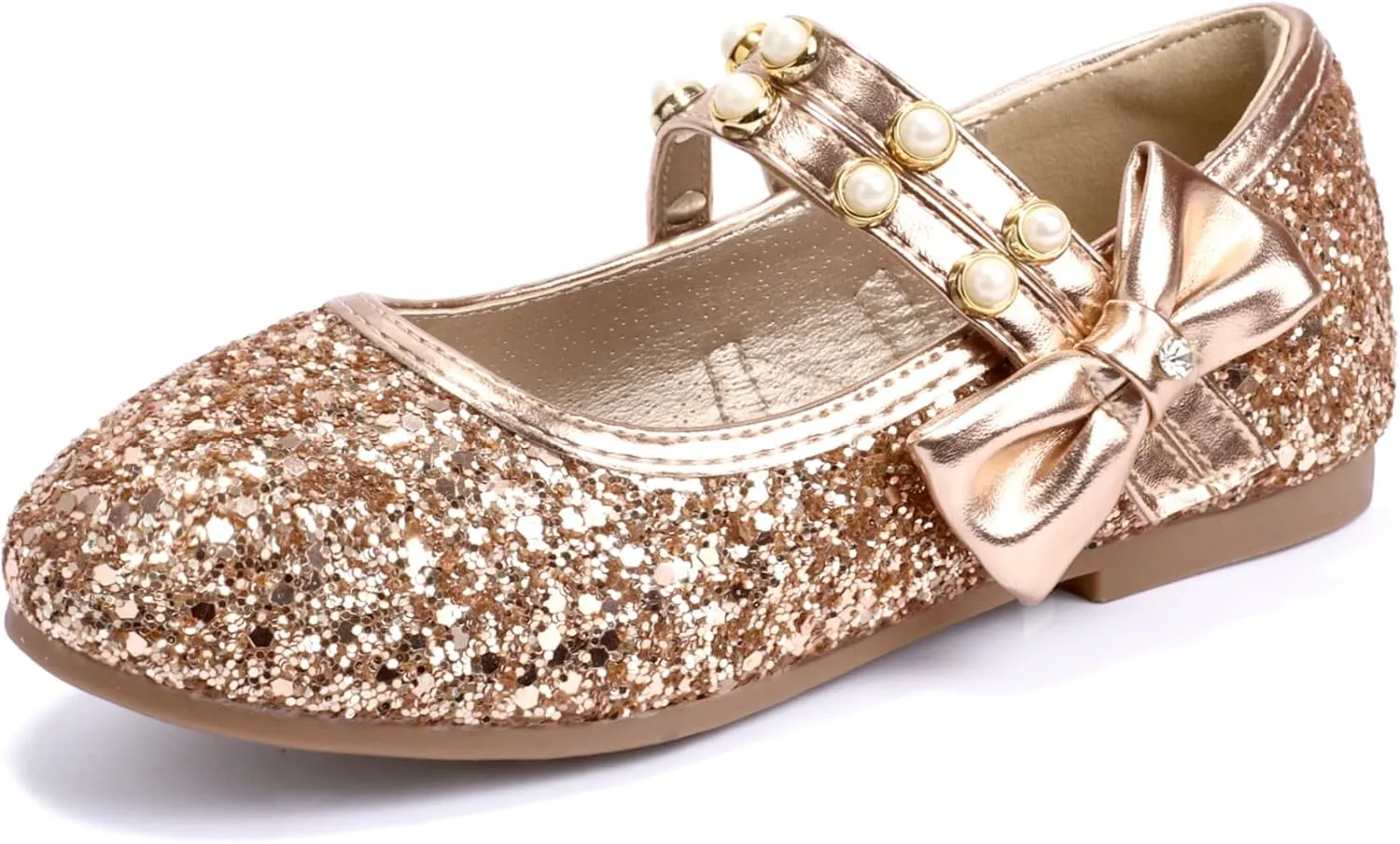 PANDANINJIA Toddler Girls Dress Shoes Pearls Bow Ballet Flats Flower Girl Shoes for Wedding Party School Communion Shoes