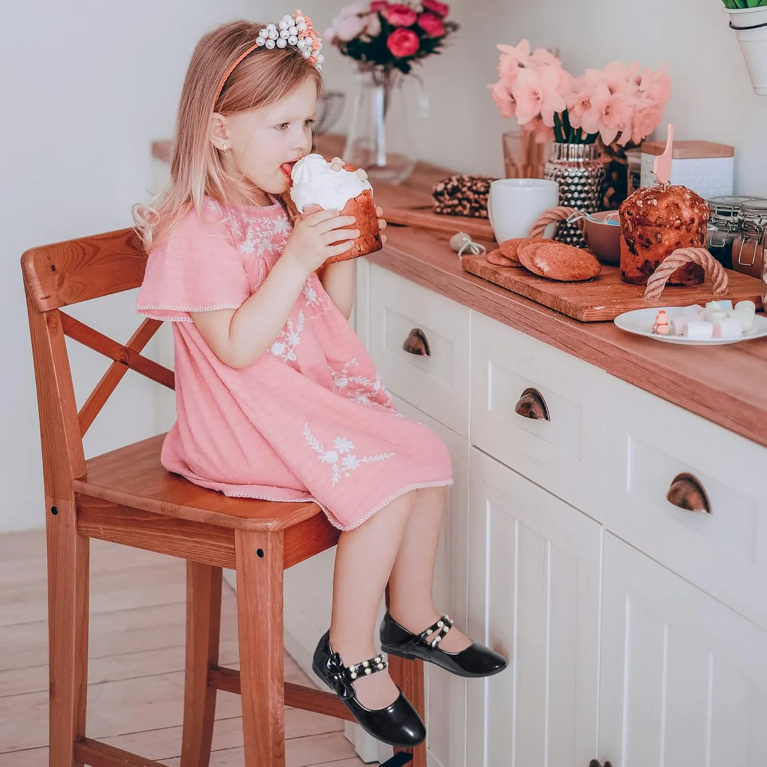 PANDANINJIA Toddler Girls Dress Shoes Pearls Bow Ballet Flats Flower Girl Shoes for Wedding Party School Communion Shoes