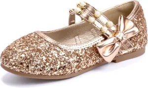 PANDANINJIA Toddler Girls Dress Shoes Pearls Bow Ballet Flats Flower Girl Shoes for Wedding Party School Communion Shoes