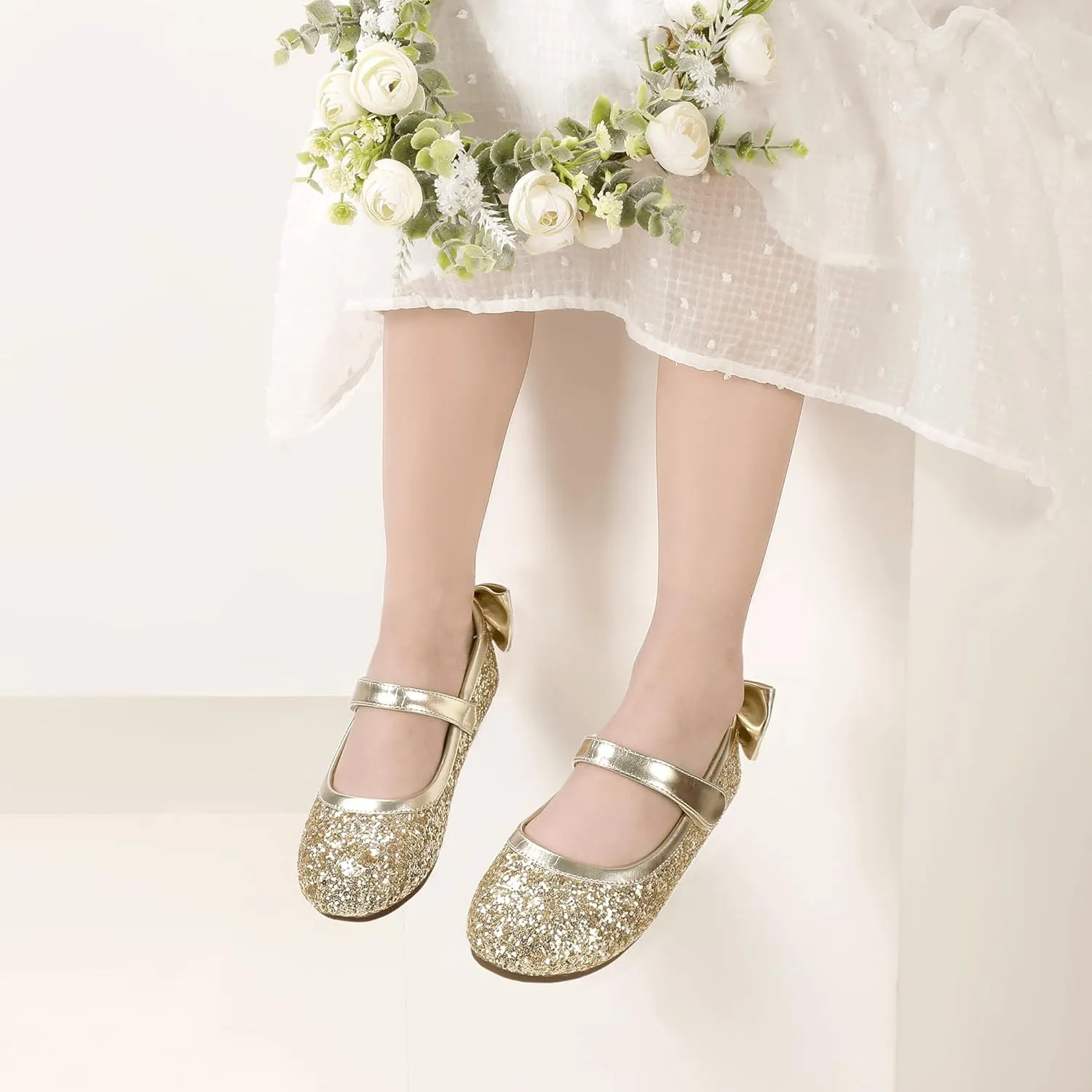 PANDANINJIA Toddler/Little Kid Girl's Angela Dress Mary Jane Ballet Flats Bow Flower Girl Wedding Party Ballerina Flat Shoes