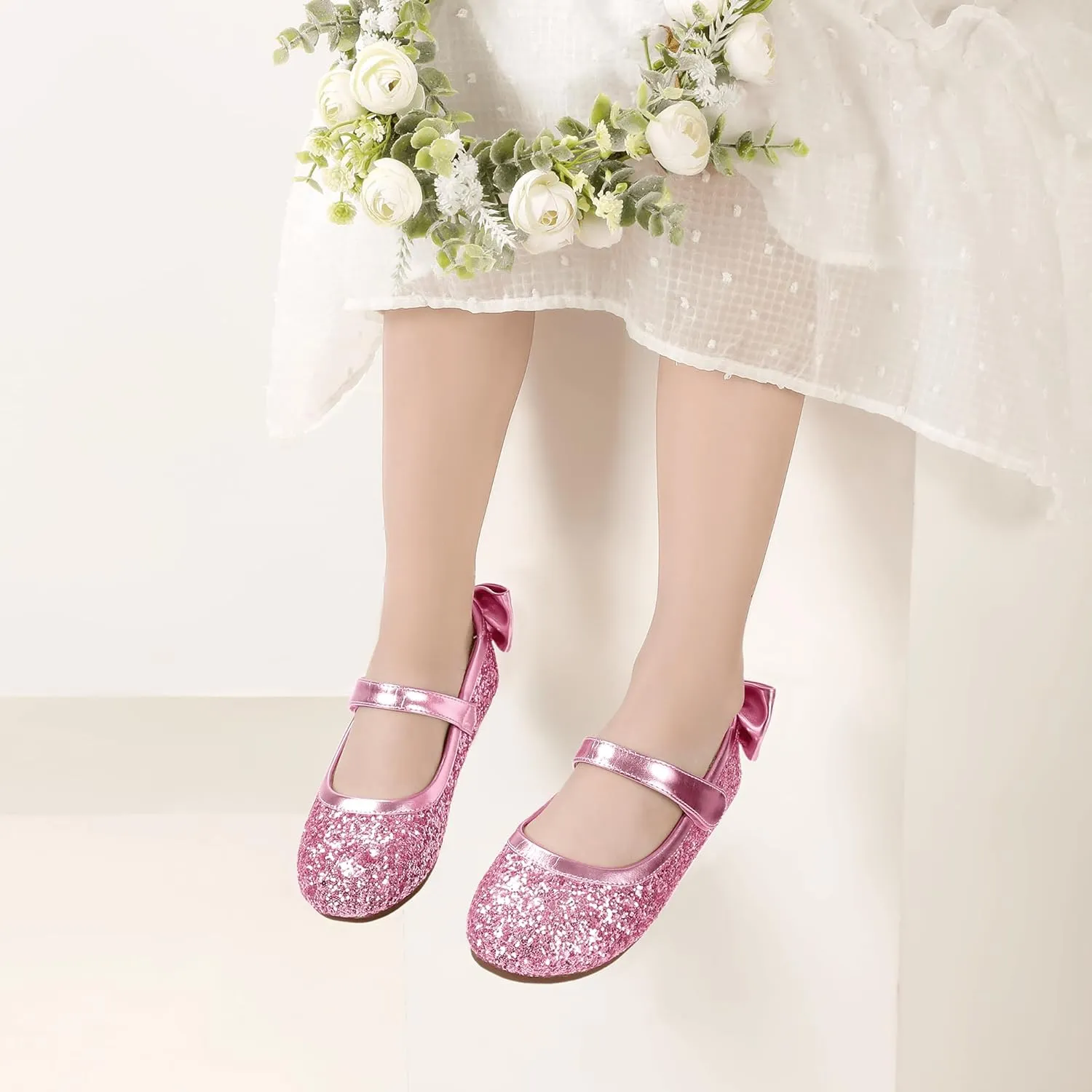 PANDANINJIA Toddler/Little Kid Girl's Angela Dress Mary Jane Ballet Flats Bow Flower Girl Wedding Party Ballerina Flat Shoes
