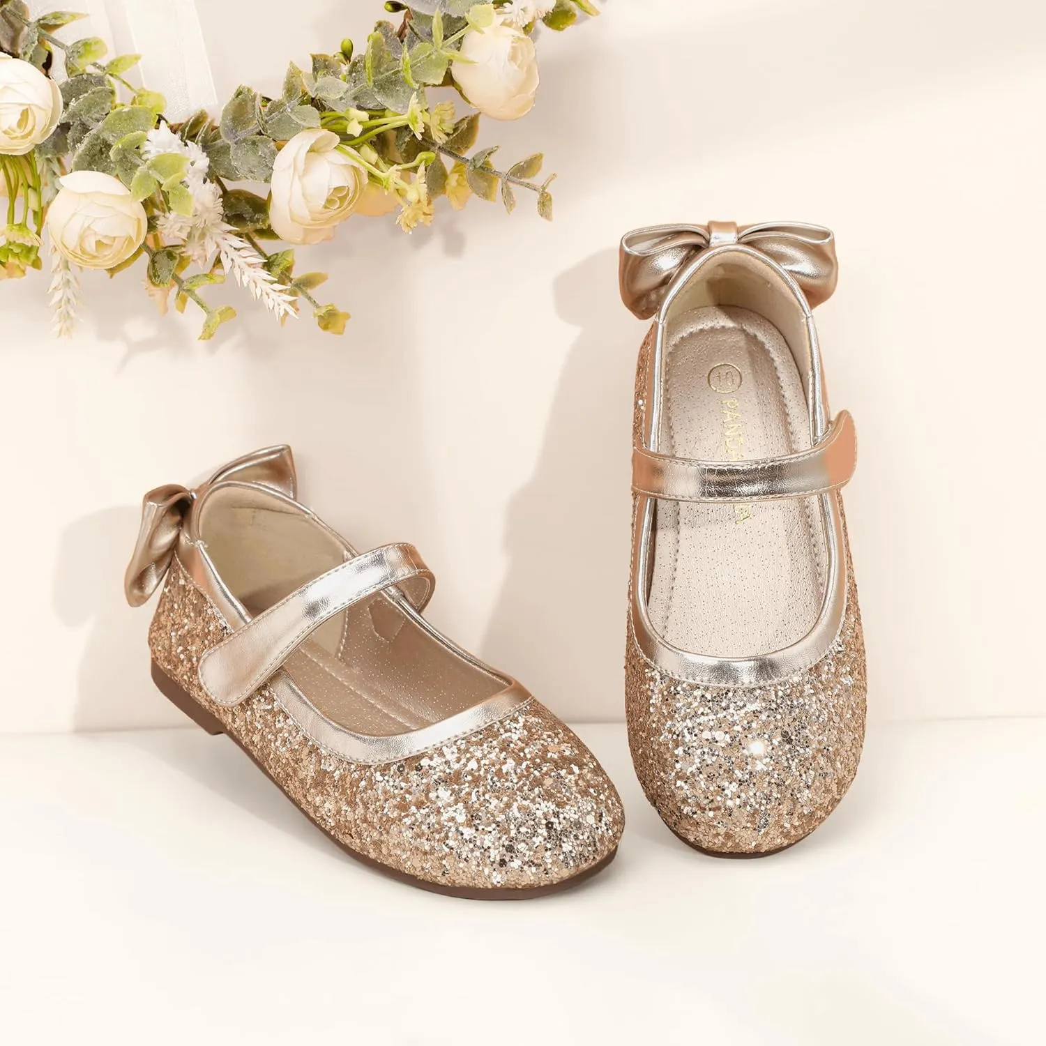 PANDANINJIA Toddler/Little Kid Girl's Angela Dress Mary Jane Ballet Flats Bow Flower Girl Wedding Party Ballerina Flat Shoes