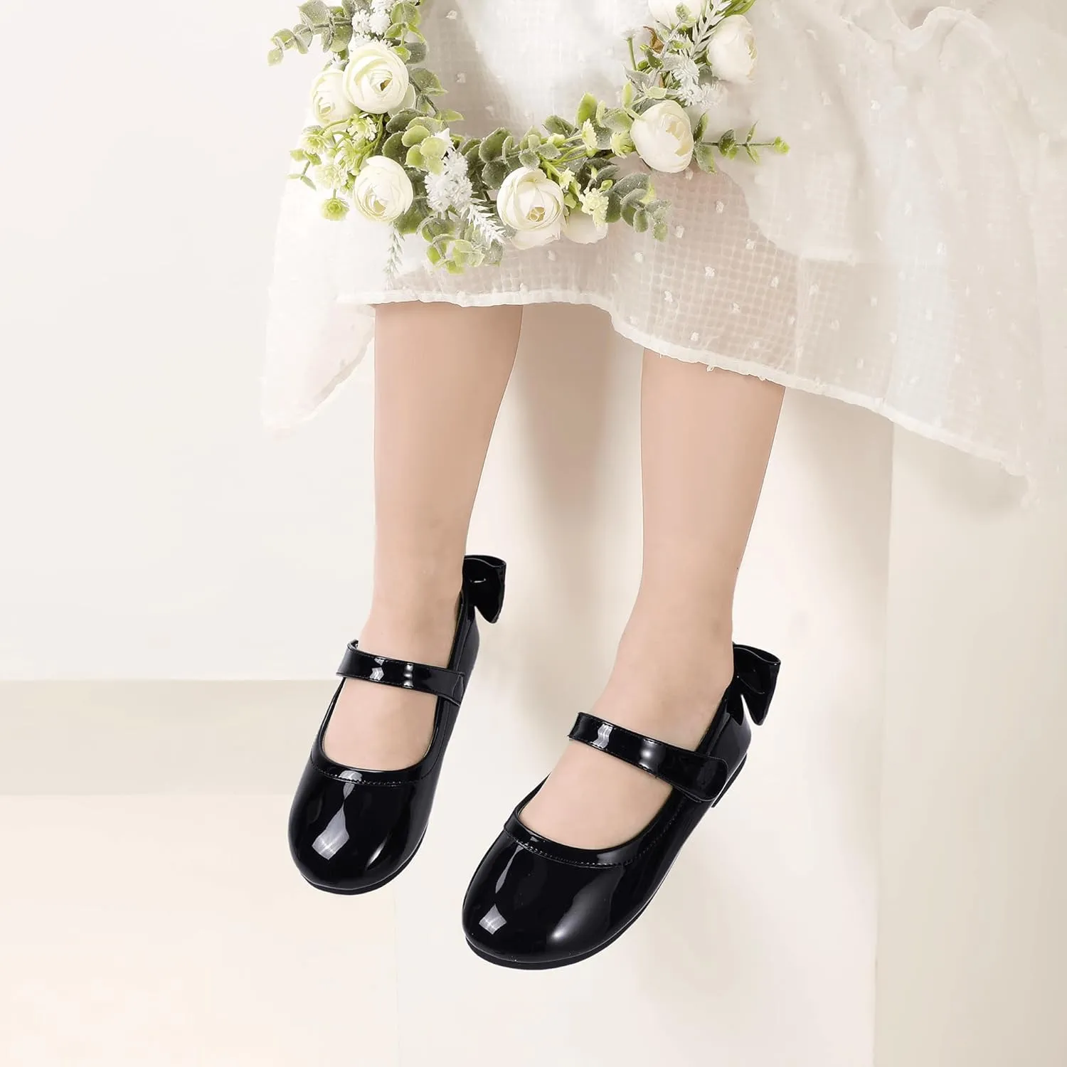 PANDANINJIA Toddler/Little Kid Girl's Angela Dress Mary Jane Ballet Flats Bow Flower Girl Wedding Party Ballerina Flat Shoes