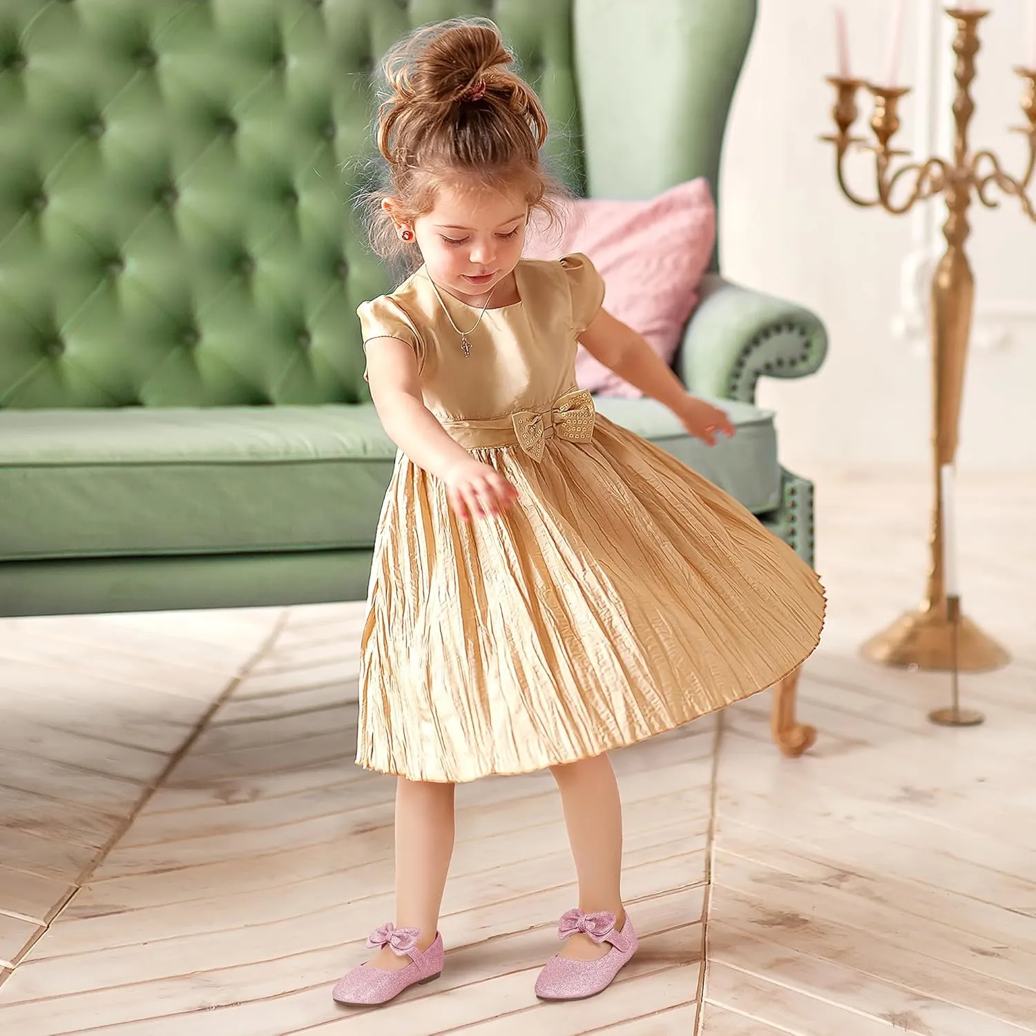 PANDANINJIA Toddler/Little Kid Girl's Angela Dress Mary Jane Ballet Flats Bow Flower Girl Wedding Party Ballerina Flat Shoes