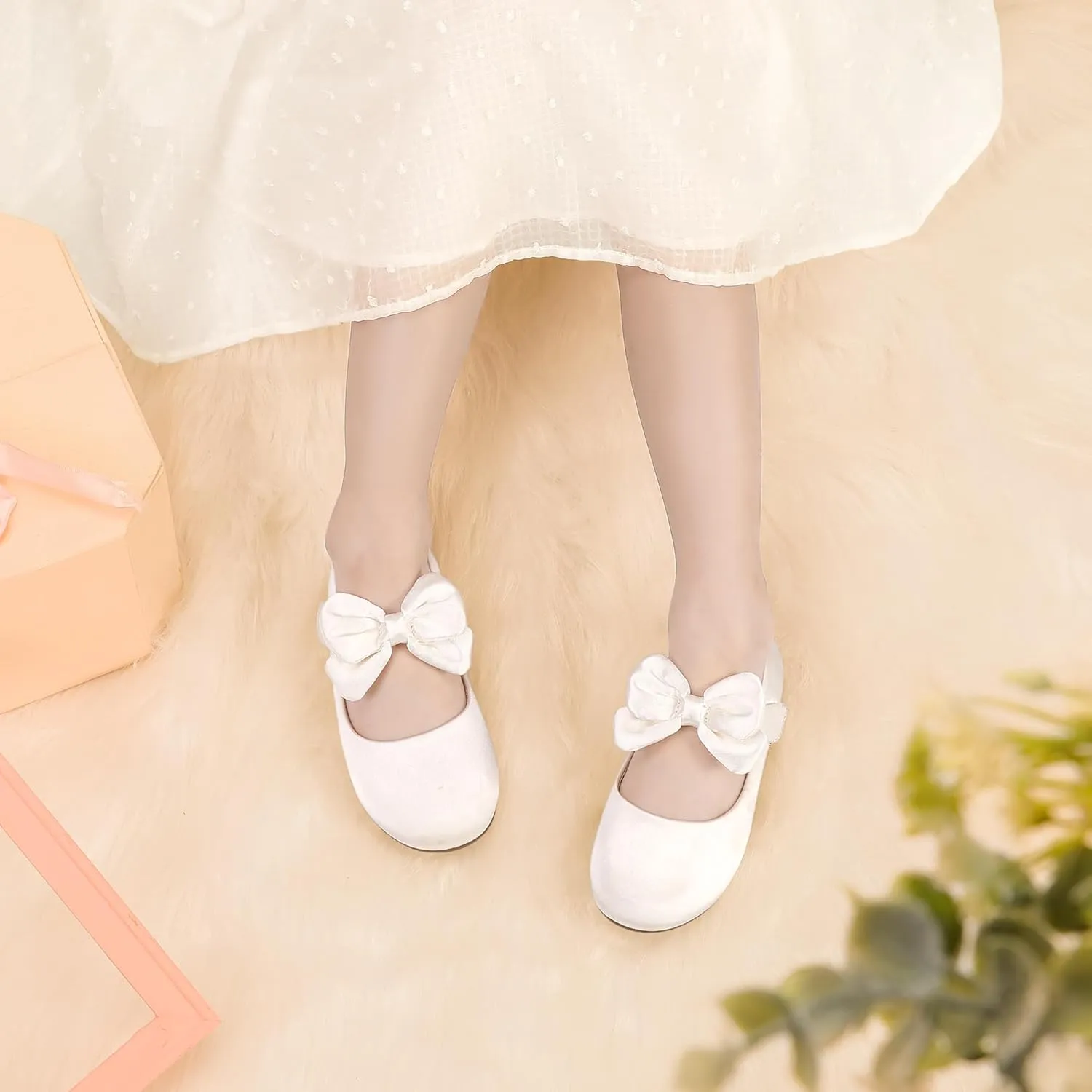 PANDANINJIA Toddler/Little Kid Girl's Angela Dress Mary Jane Ballet Flats Bow Flower Girl Wedding Party Ballerina Flat Shoes