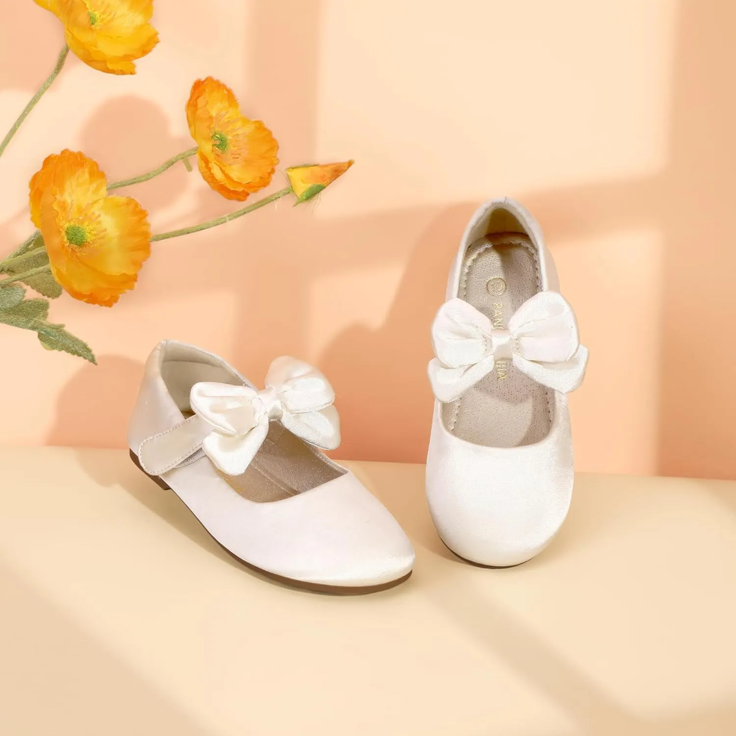 PANDANINJIA Toddler/Little Kid Girl's Angela Dress Mary Jane Ballet Flats Bow Flower Girl Wedding Party Ballerina Flat Shoes