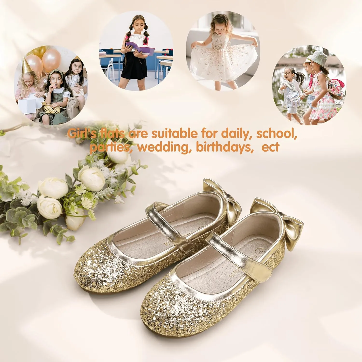 PANDANINJIA Toddler/Little Kid Girl's Angela Dress Mary Jane Ballet Flats Bow Flower Girl Wedding Party Ballerina Flat Shoes