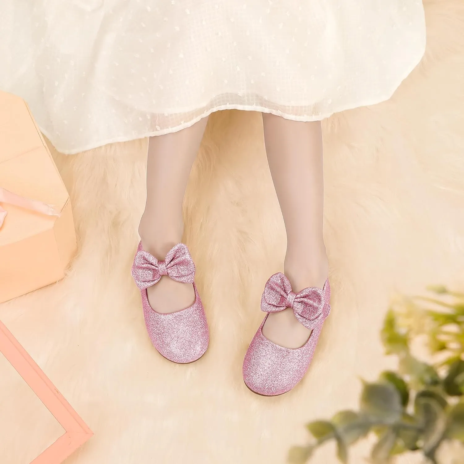 PANDANINJIA Toddler/Little Kid Girl's Angela Dress Mary Jane Ballet Flats Bow Flower Girl Wedding Party Ballerina Flat Shoes