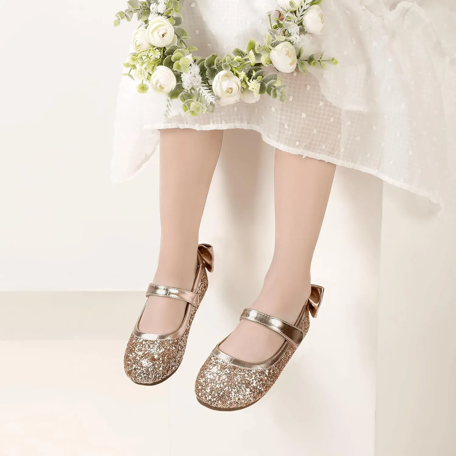 PANDANINJIA Toddler/Little Kid Girl's Angela Dress Mary Jane Ballet Flats Bow Flower Girl Wedding Party Ballerina Flat Shoes