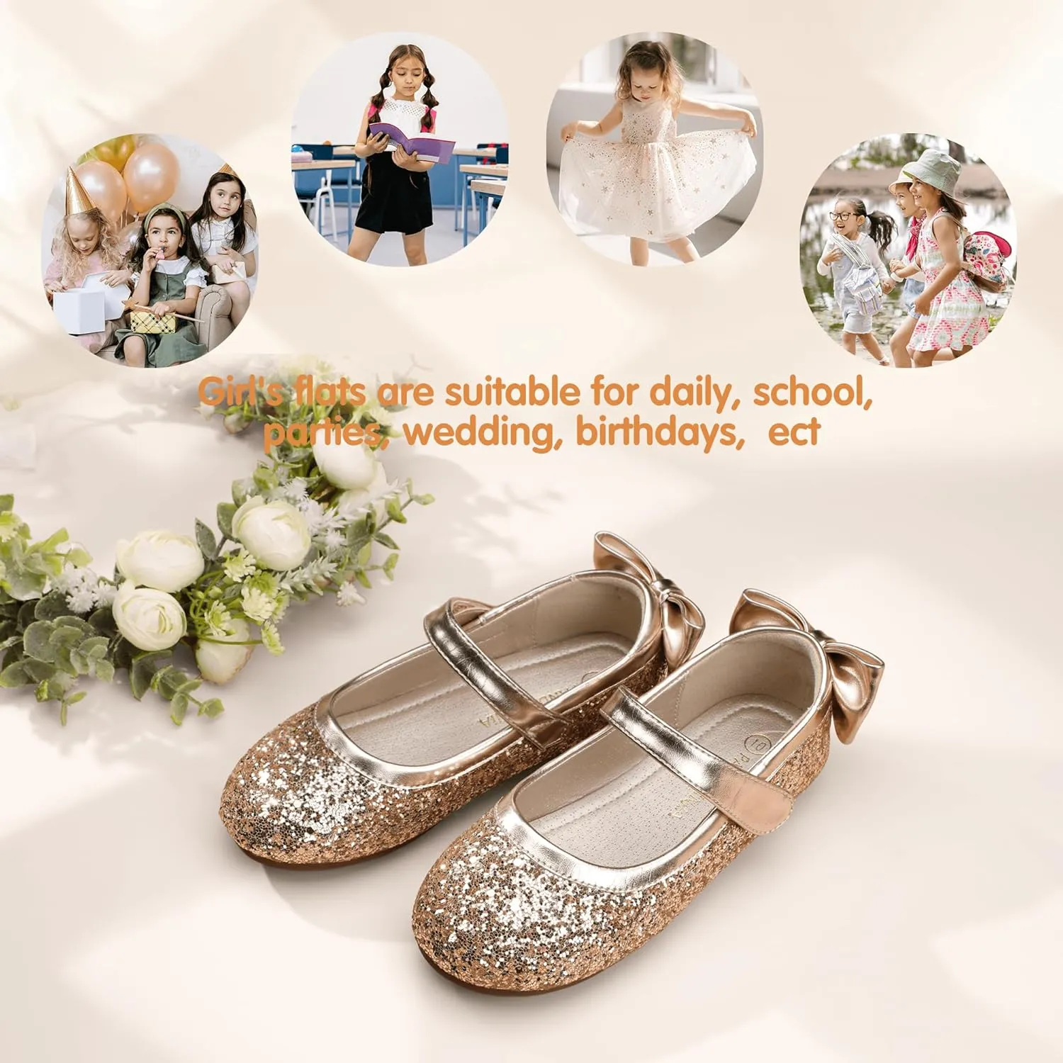 PANDANINJIA Toddler/Little Kid Girl's Angela Dress Mary Jane Ballet Flats Bow Flower Girl Wedding Party Ballerina Flat Shoes