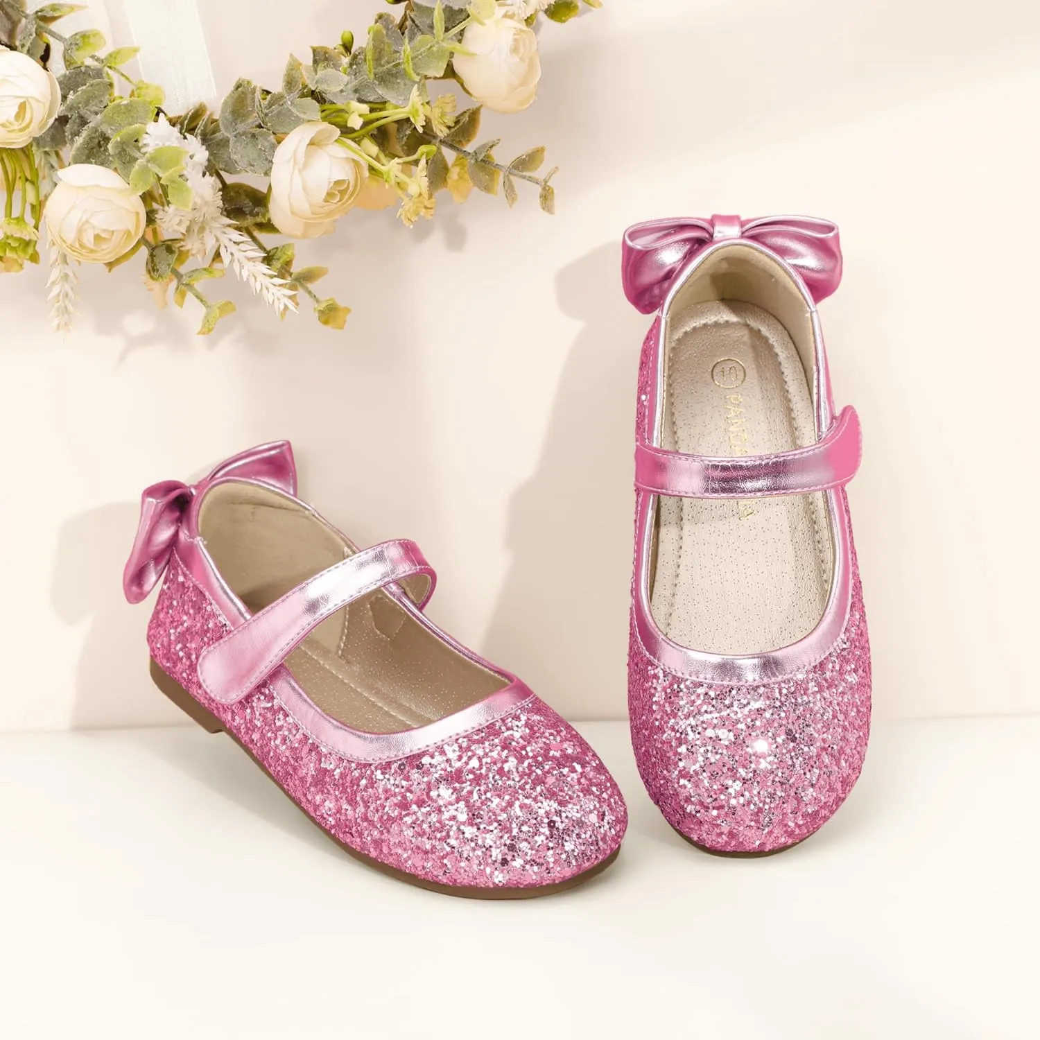 PANDANINJIA Toddler/Little Kid Girl's Angela Dress Mary Jane Ballet Flats Bow Flower Girl Wedding Party Ballerina Flat Shoes