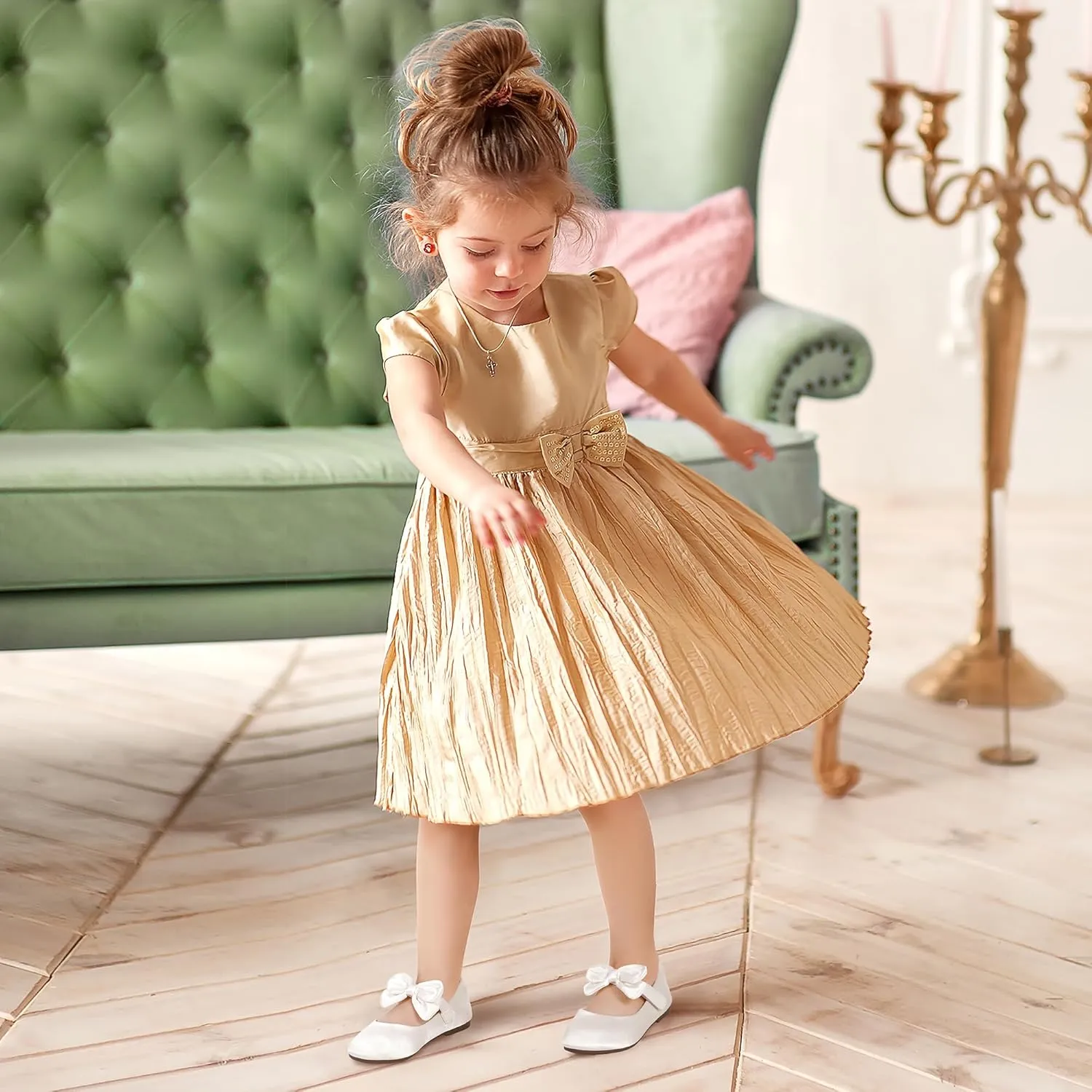 PANDANINJIA Toddler/Little Kid Girl's Angela Dress Mary Jane Ballet Flats Bow Flower Girl Wedding Party Ballerina Flat Shoes