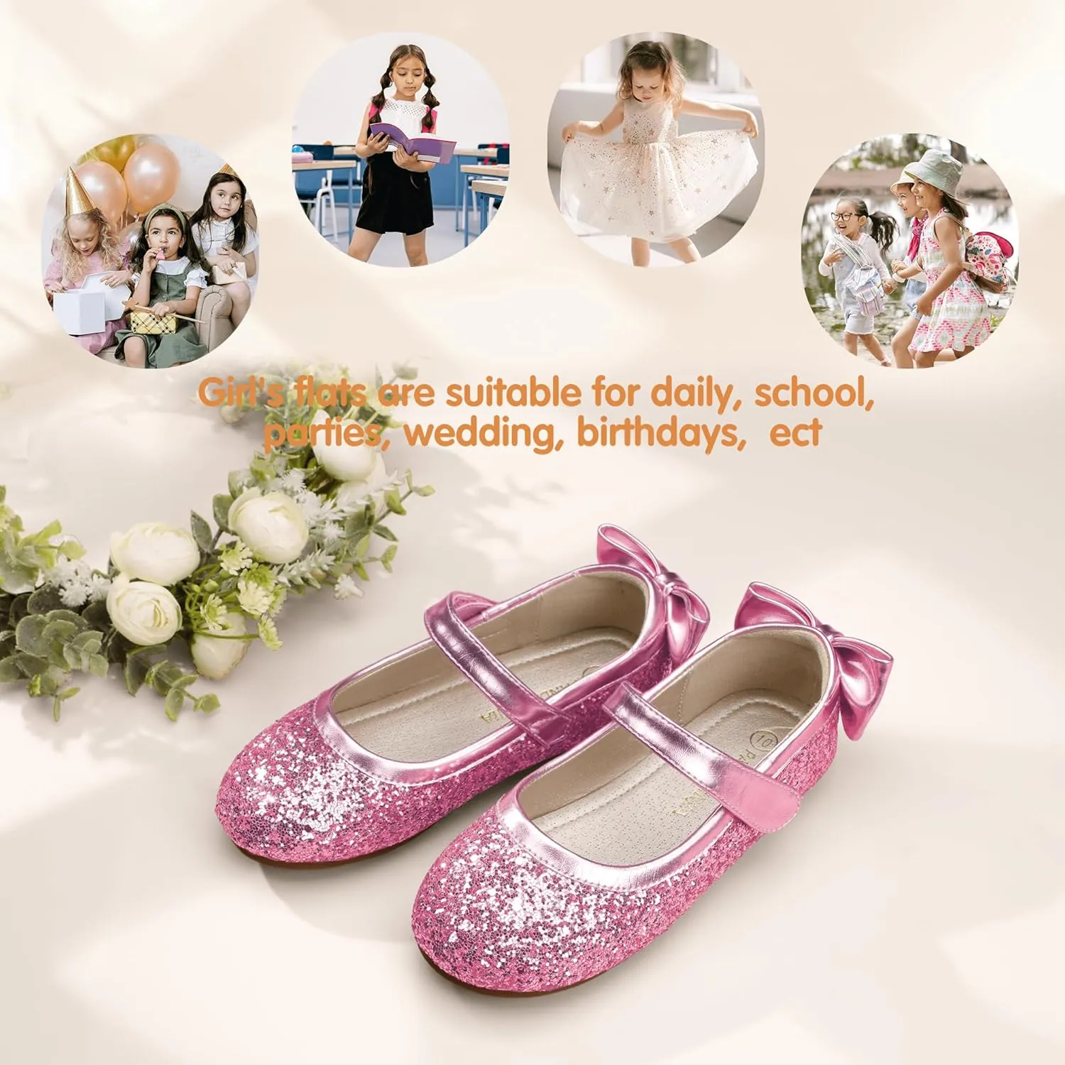PANDANINJIA Toddler/Little Kid Girl's Angela Dress Mary Jane Ballet Flats Bow Flower Girl Wedding Party Ballerina Flat Shoes