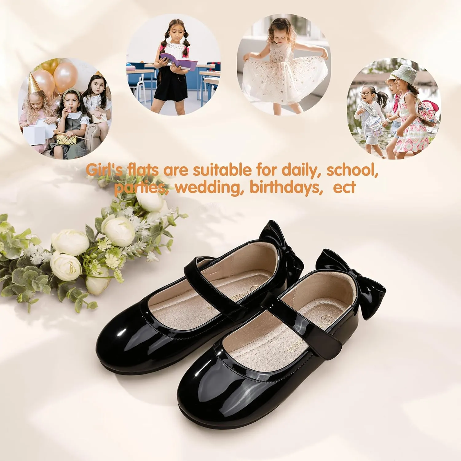 PANDANINJIA Toddler/Little Kid Girl's Angela Dress Mary Jane Ballet Flats Bow Flower Girl Wedding Party Ballerina Flat Shoes
