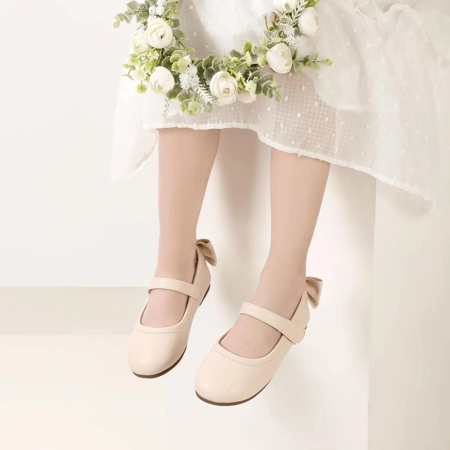 PANDANINJIA Toddler/Little Kid Girl's Angela Dress Mary Jane Ballet Flats Bow Flower Girl Wedding Party Ballerina Flat Shoes