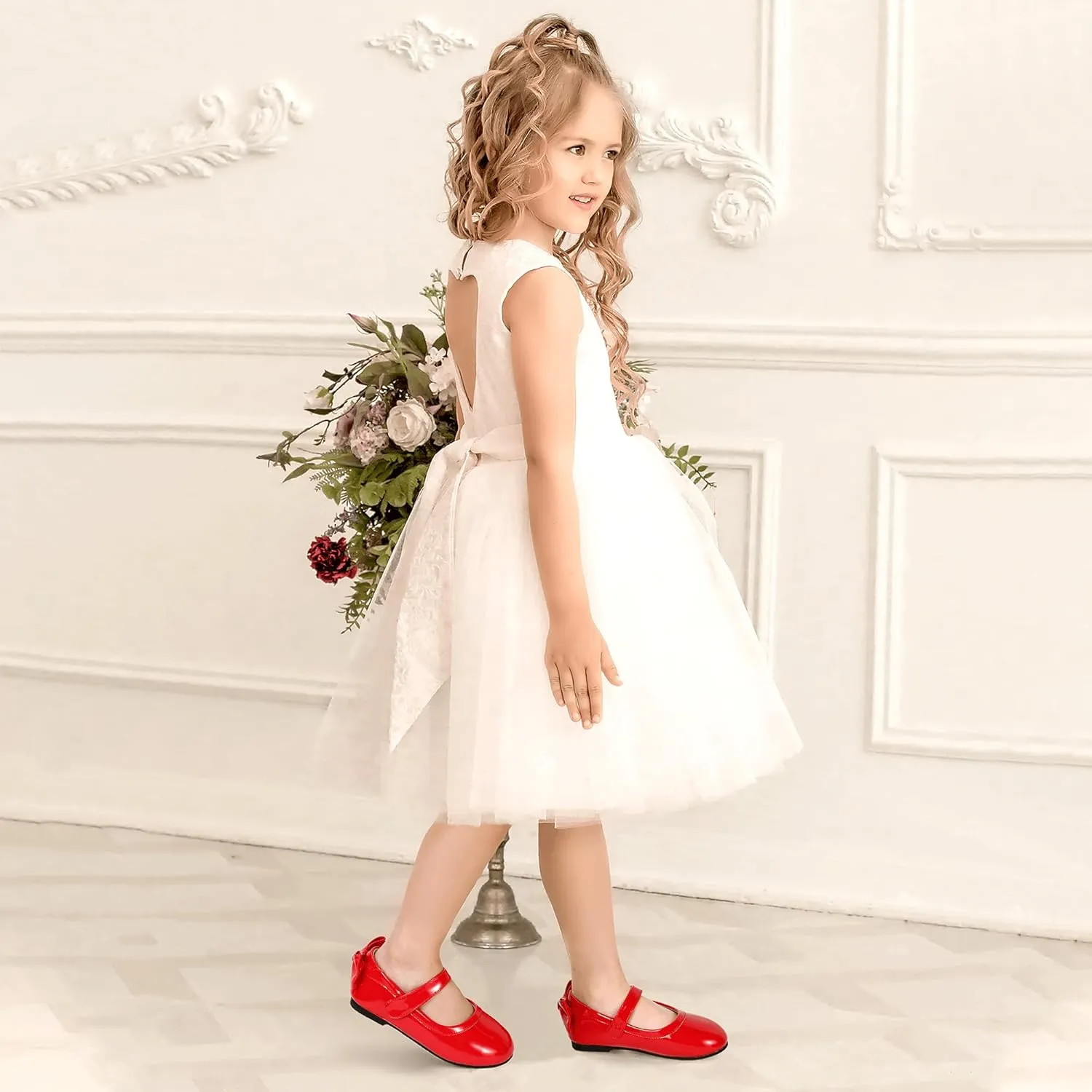 PANDANINJIA Toddler/Little Kid Girl's Angela Dress Mary Jane Ballet Flats Bow Flower Girl Wedding Party Ballerina Flat Shoes