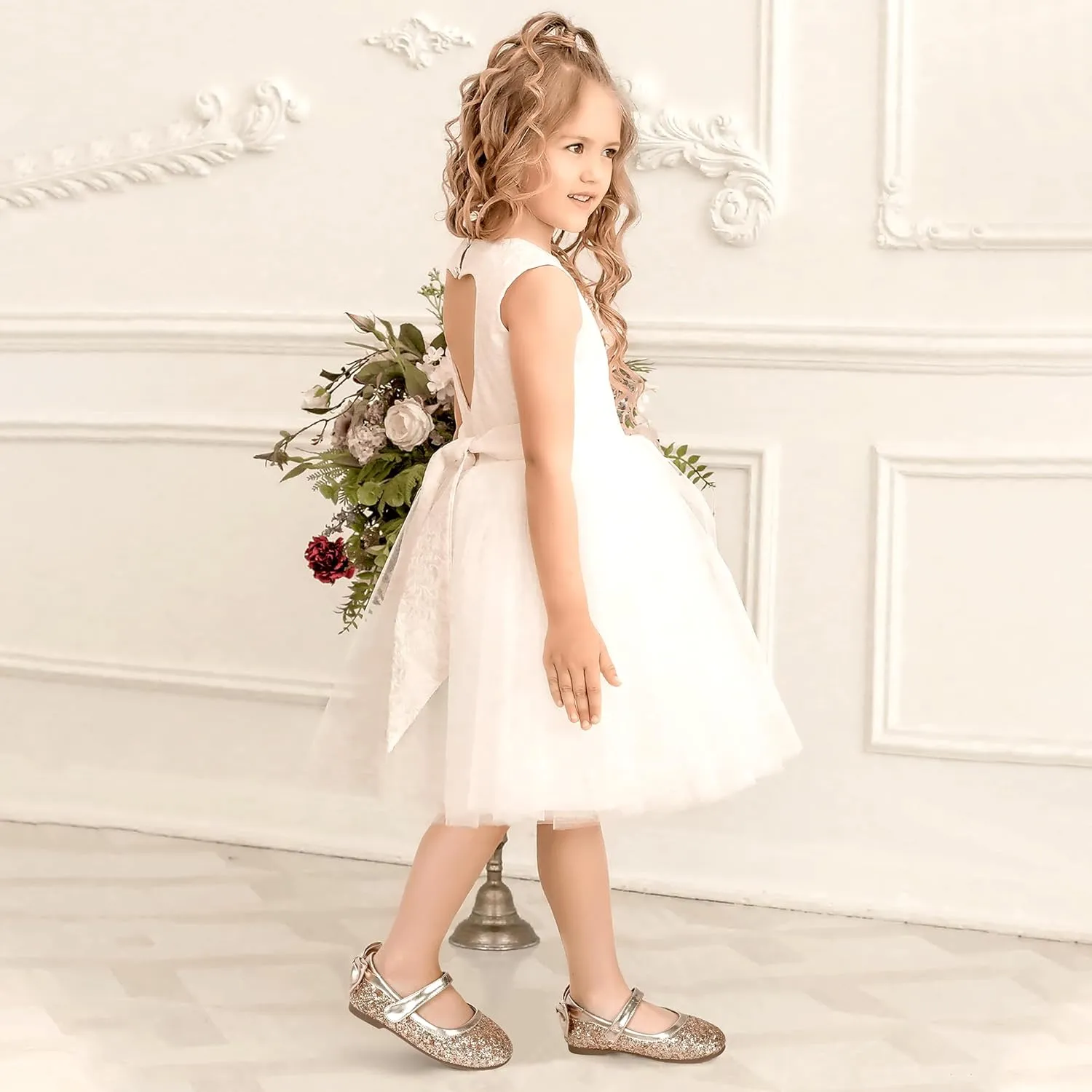 PANDANINJIA Toddler/Little Kid Girl's Angela Dress Mary Jane Ballet Flats Bow Flower Girl Wedding Party Ballerina Flat Shoes