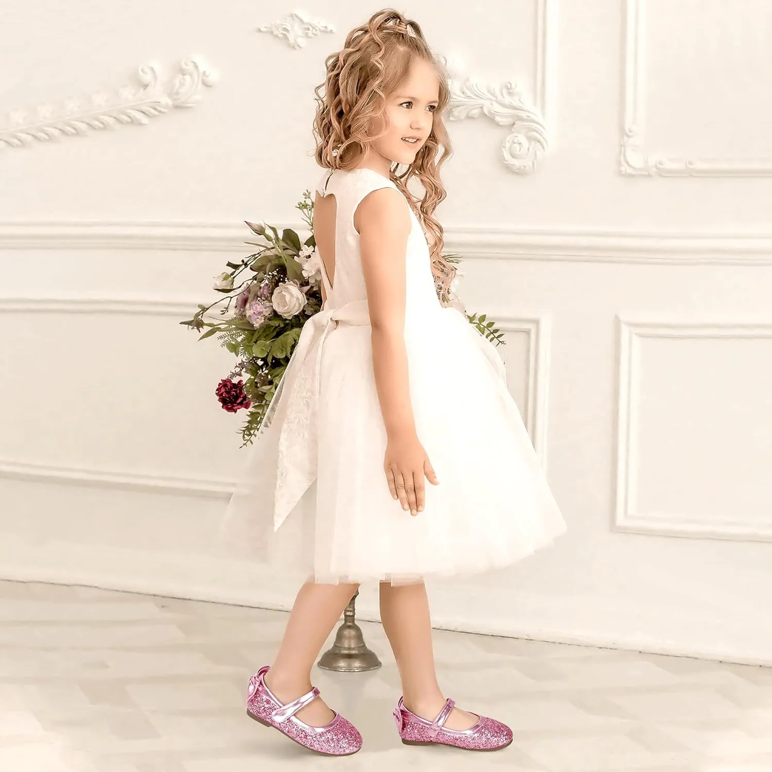 PANDANINJIA Toddler/Little Kid Girl's Angela Dress Mary Jane Ballet Flats Bow Flower Girl Wedding Party Ballerina Flat Shoes